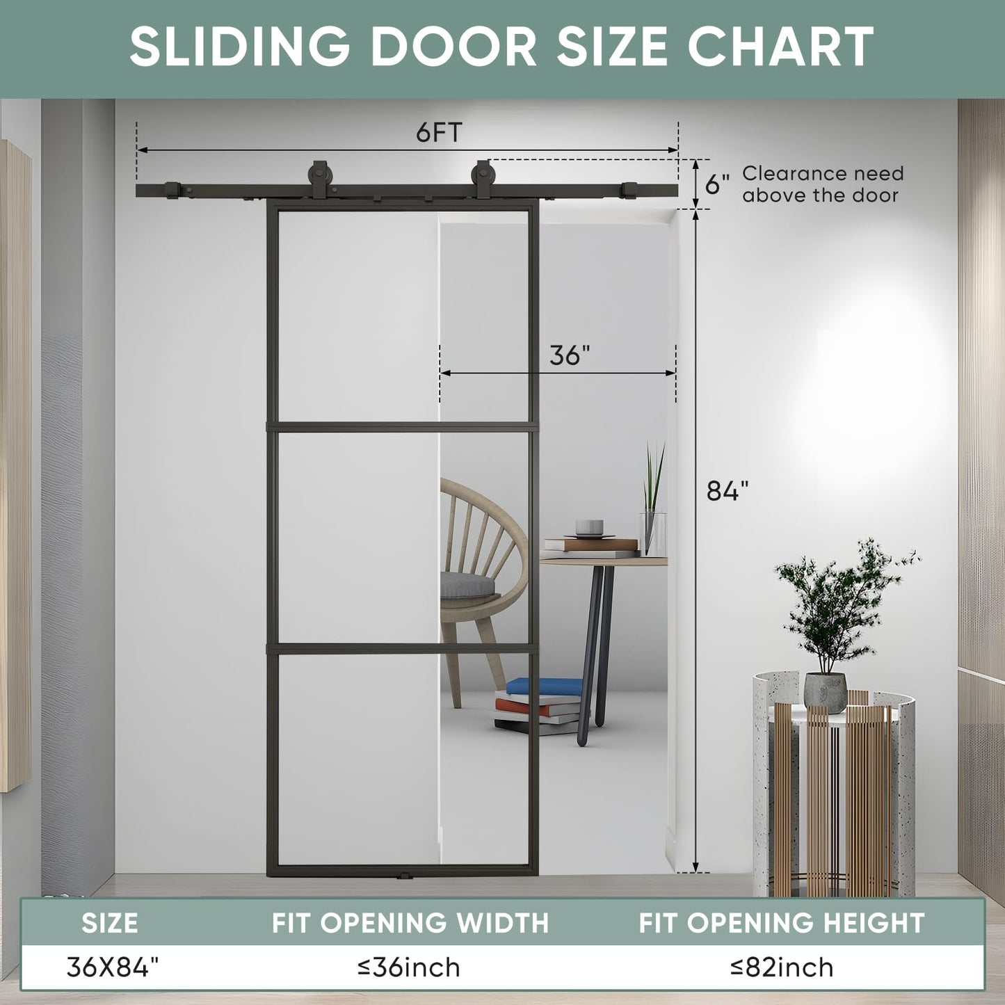 JUBEST 36in x 84in Glass Barn Door, Clear Tempered Glass Carbon Steel Pre Drilled Frame Sliding Barn Door Panel with 6FT Hardware Kit and Soft Close, Easy to Install