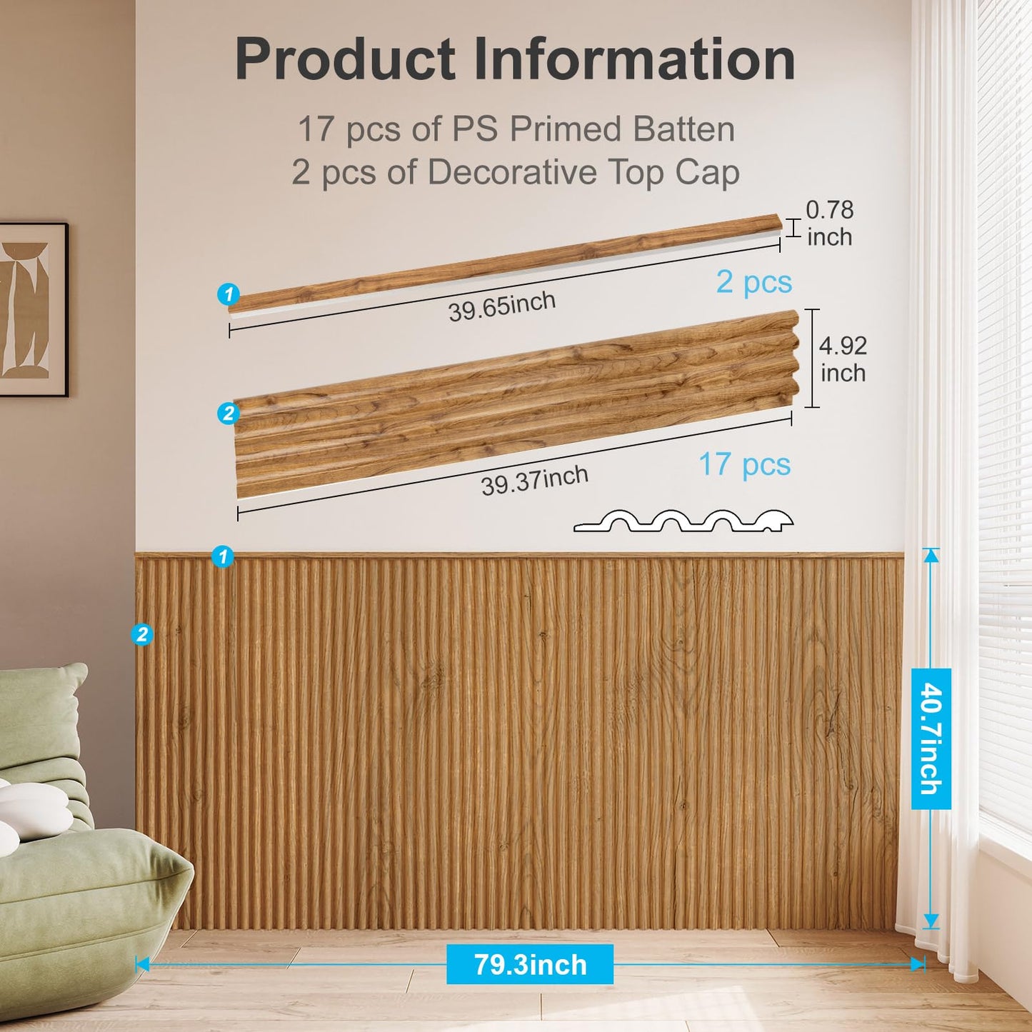 Art3d Wainscoting Panels, Beaded Polystyrene Wall Board for Interior Wall Décor, 79.3“ Wide X 40.7 high, Covers 22.38 sq.ft, Teak