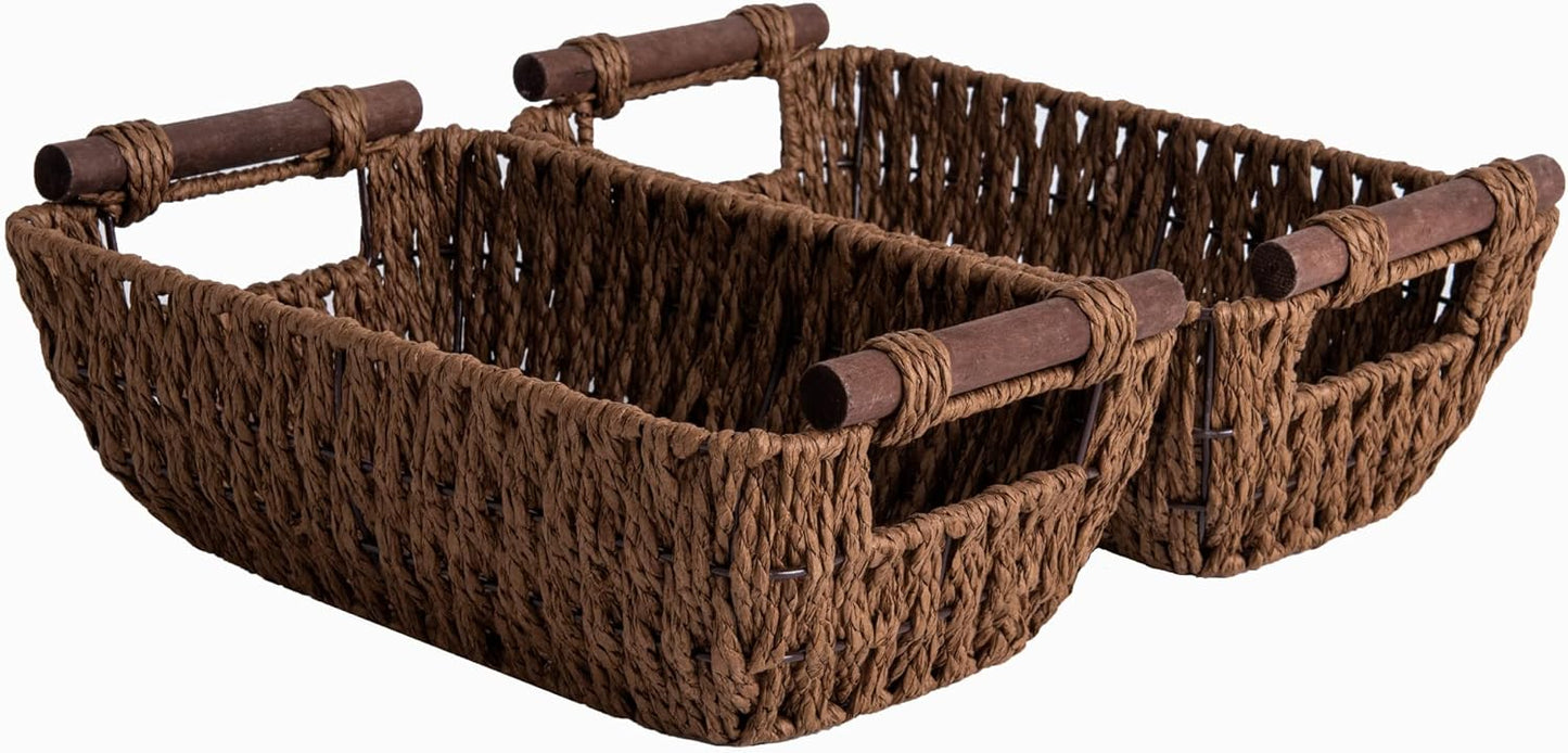 StorageWorks Handwoven Wicker Baskets - Round Paper Rope Storage with Wooden Handles | Dark Brown, 2-Pack