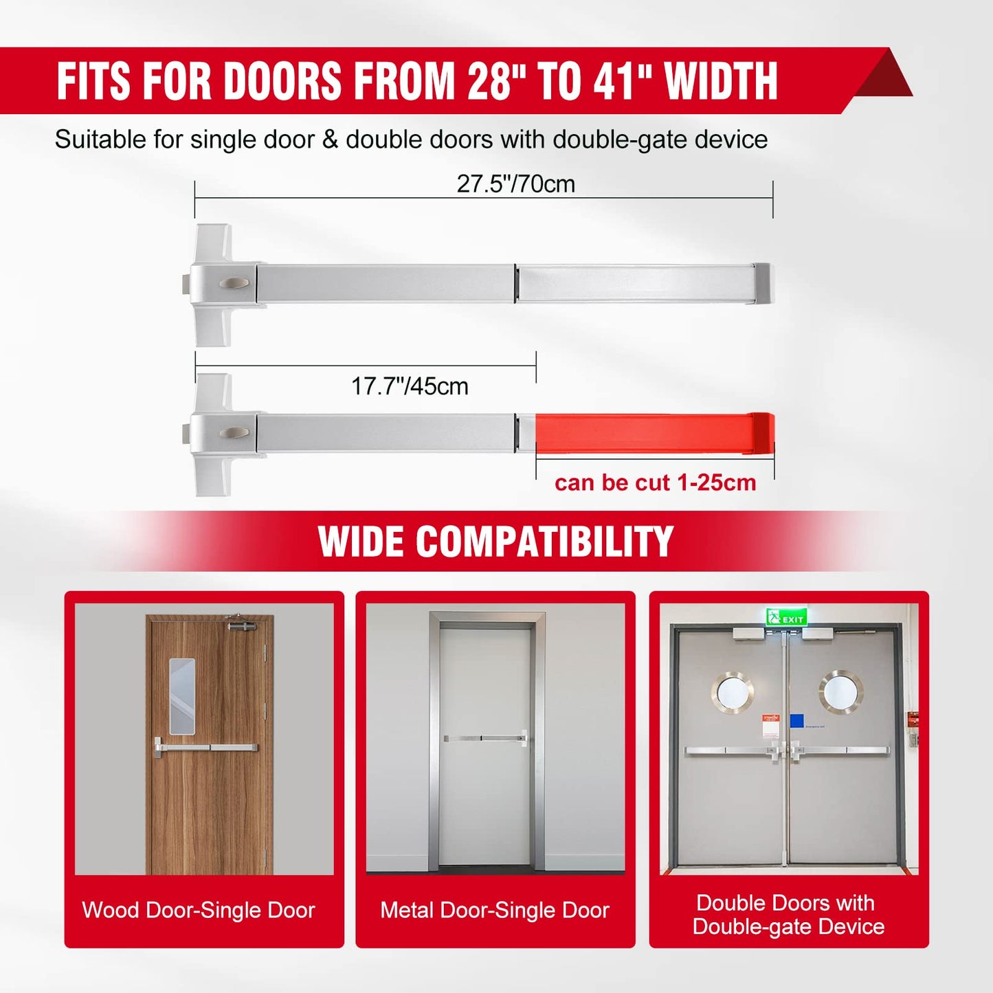 PARTOL Panic Bars for Commercial Exit Doors - Silver Stainless Steel Panic Bar Lock Set Emergency Door Hardware fits 27.56-40.94 Inch Wood & Metal Doors