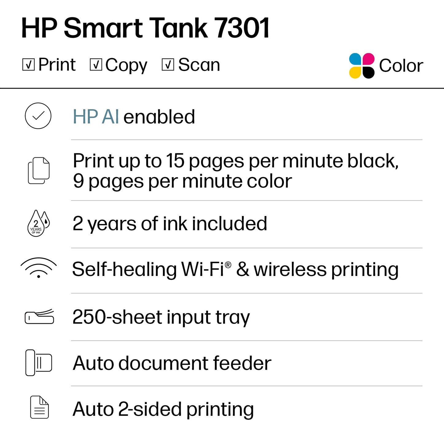 HP Smart Tank 7301 Wireless All-in-One Ink Tank Printer, Scanner, Copier with 2 Years of Ink Included, Best-for-Home Office, Cartridge-Free Refillable, AI-Enabled (28B70A)