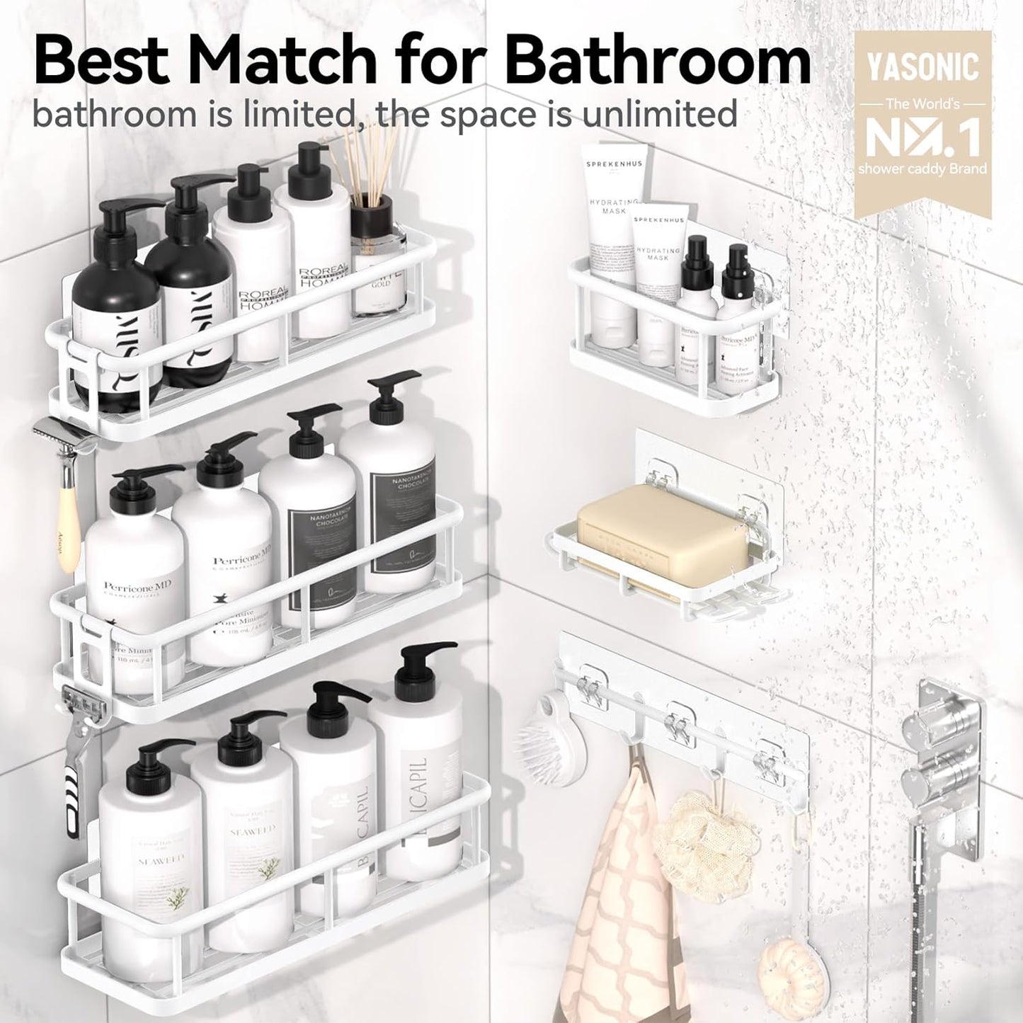 YASONIC Shower Caddy - Large Capacity Bath Organizer with Soap Holder & 12 Hooks | Rustproof White Shelves