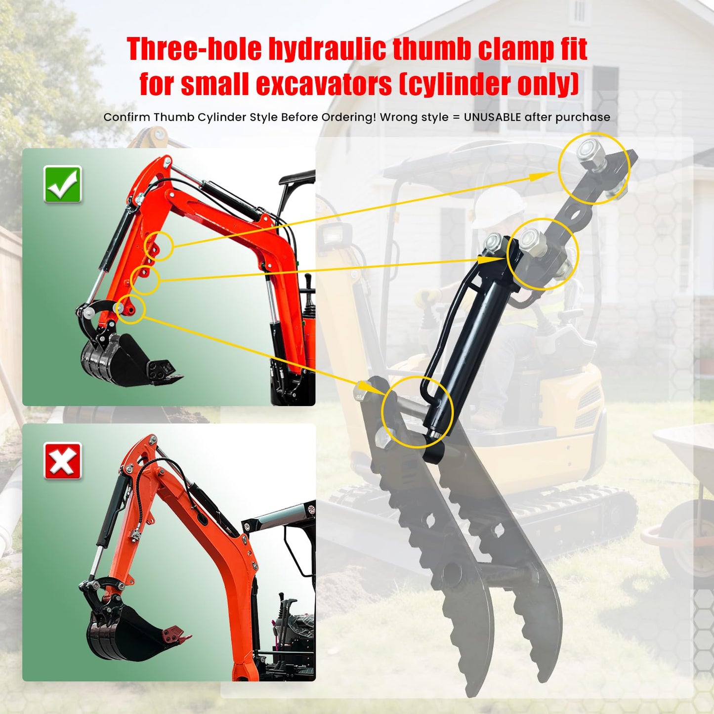 Mini Excavator Thumb Cylinder Hydraulic Cylinder 25mm/0.98in, Compatible with Below 2 Tons Mini Excavator Attachment, Small Digger Three Holes Hydraulic Thumb Clip (Only Cylinder)