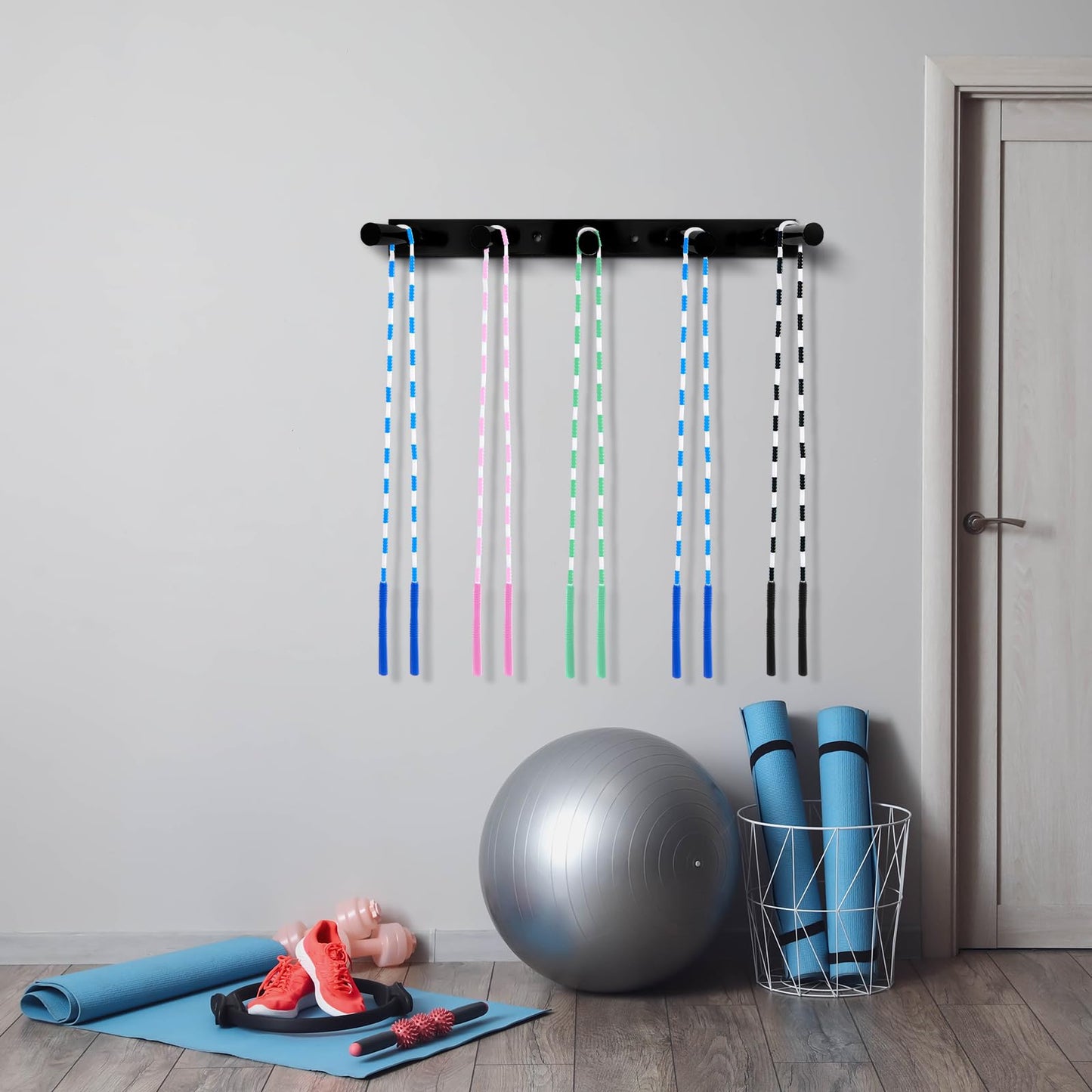 Shimeyao 25" Wall Mounted Hoop Rope Rack, 5 Peg Metal Gym Equipment Storage Holder Organizer for Jump Ropes, Sports Hoops, Resistance Bands, Straps, Foam Rollers, Hardware Included