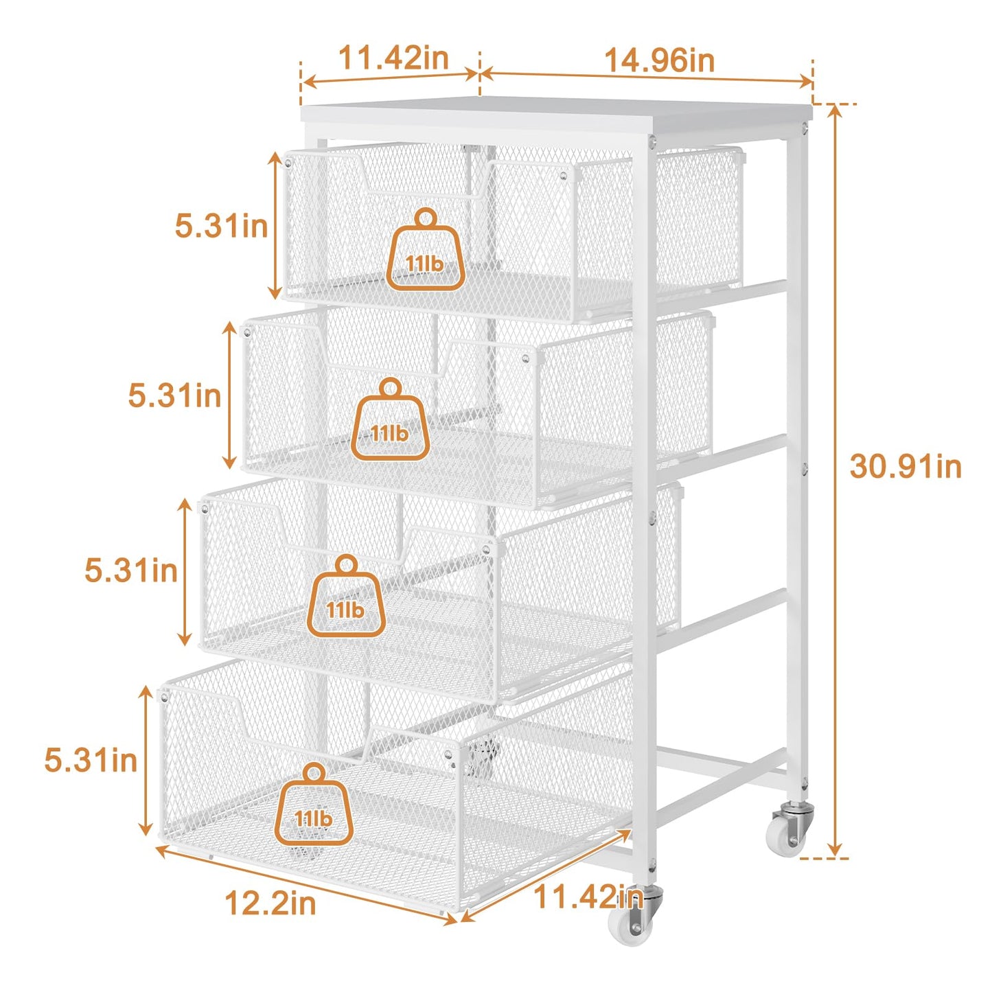 4-Tier Kitchen Storage Cart - Fruit Vegetable Storage Cart with Drawers, Wooden Top Metal Wire Kitchen Organizer and Storage Cart with Wheels to Storage Onions Potatoes Cans Snacks for Kitchen