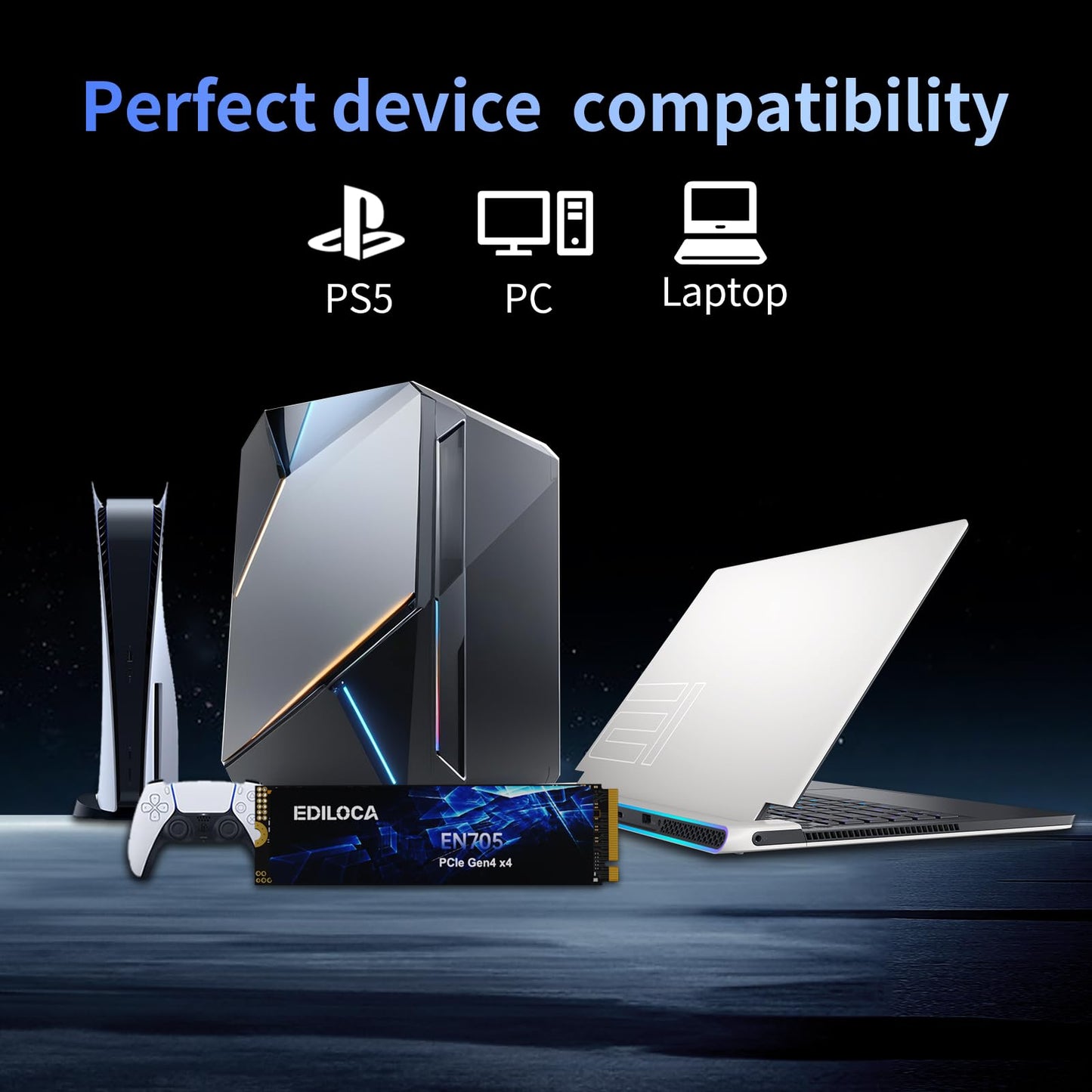 Ediloca 1TB SSD NVMe M.2 2280 PCIe Gen4 x4 Internal Solid State Drive - Up to 5000MB/s, 1TB SSD PS5 Dynamic SLC Cache, PS5 Compatible for Gaming PC Laptop(EN705)