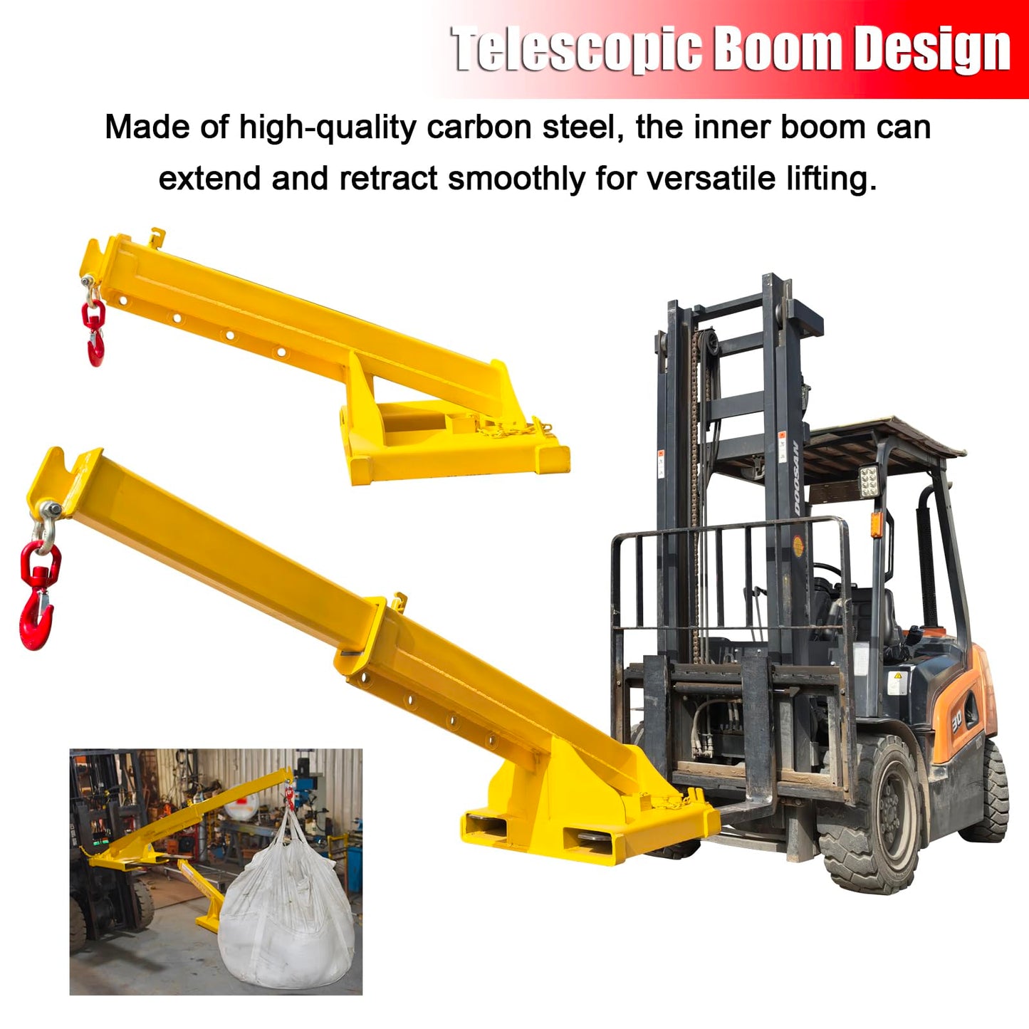 EQCOTWEA 5-Ton Forklift Telescopic Boom Crane Attachment, 11000 LBS Capacity, 96.5 Inch Adjustable Extension with Lifting Hook, Mobile Crane Lifting Hoist Truss Jib Boom for Forklifts & Hoists