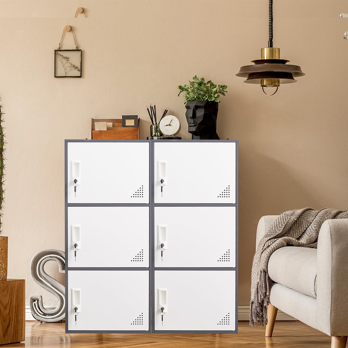 FURSTEL Student Locker Organizer, Multi-Door Steel Locker, Small Locking Cabinet Storage Organizer, Office File Cabinet, Home Locker, Gym Locker, Metal Storage Locker (3 Door, Gray & White)