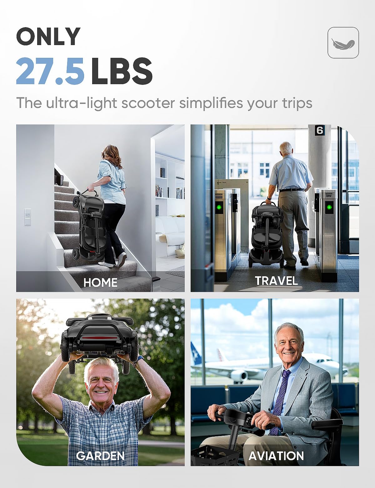 Mobility Scooters for Adults & Seniors - Ultra Lightweight 27.5 lbs Carbon Fiber Folding Electric Scooter - Airlines Approved All-Terrain Portable Scooter with Basket and Charger Included-Carbon Black