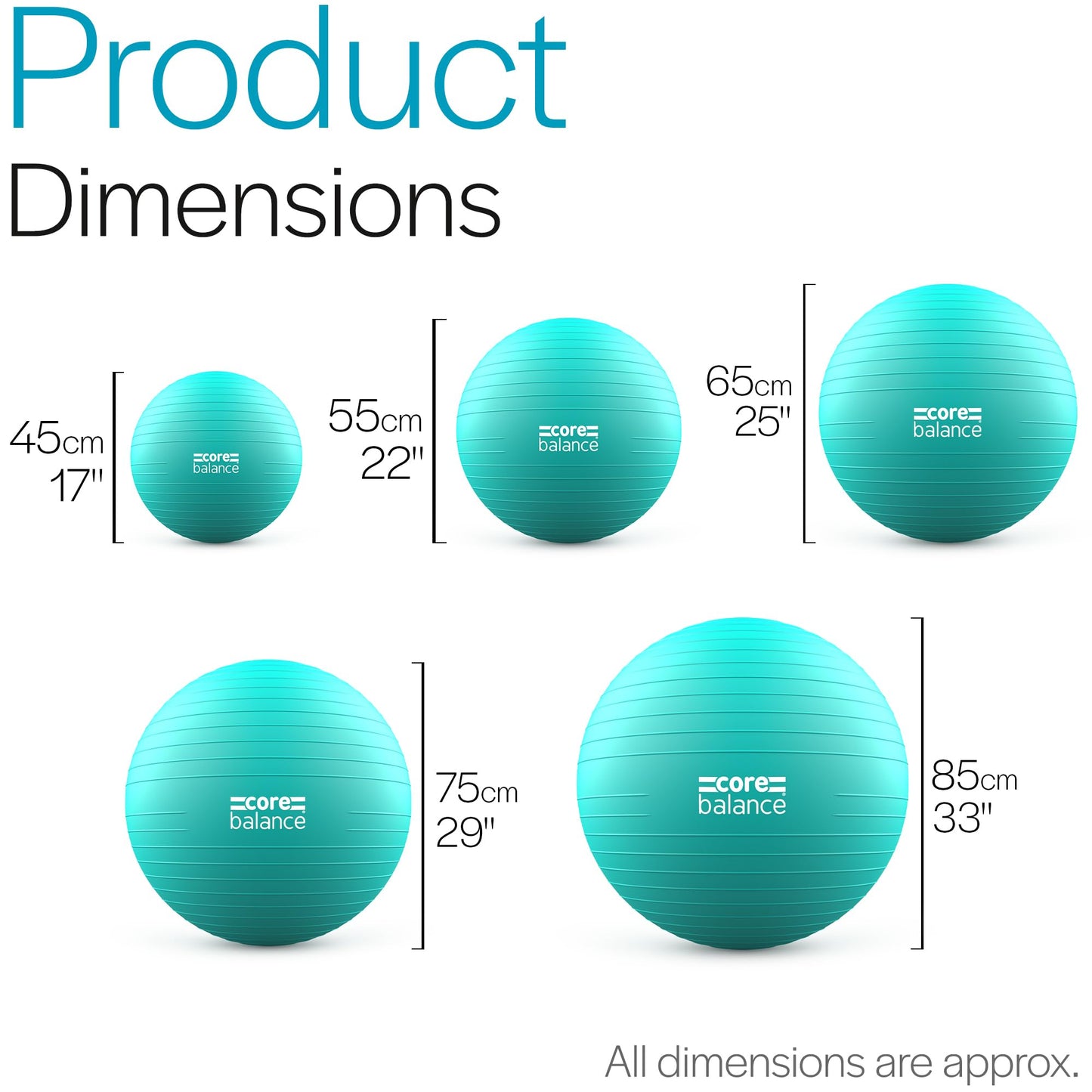 Core Balance Exercise Ball for Workouts, Anti-Burst and Slip Resistant, Swiss Yoga Ball for Pregnancy, Stability, Fitness and Physical Therapy, 4 Sizes, with Pump (33" / 85cm Teal)