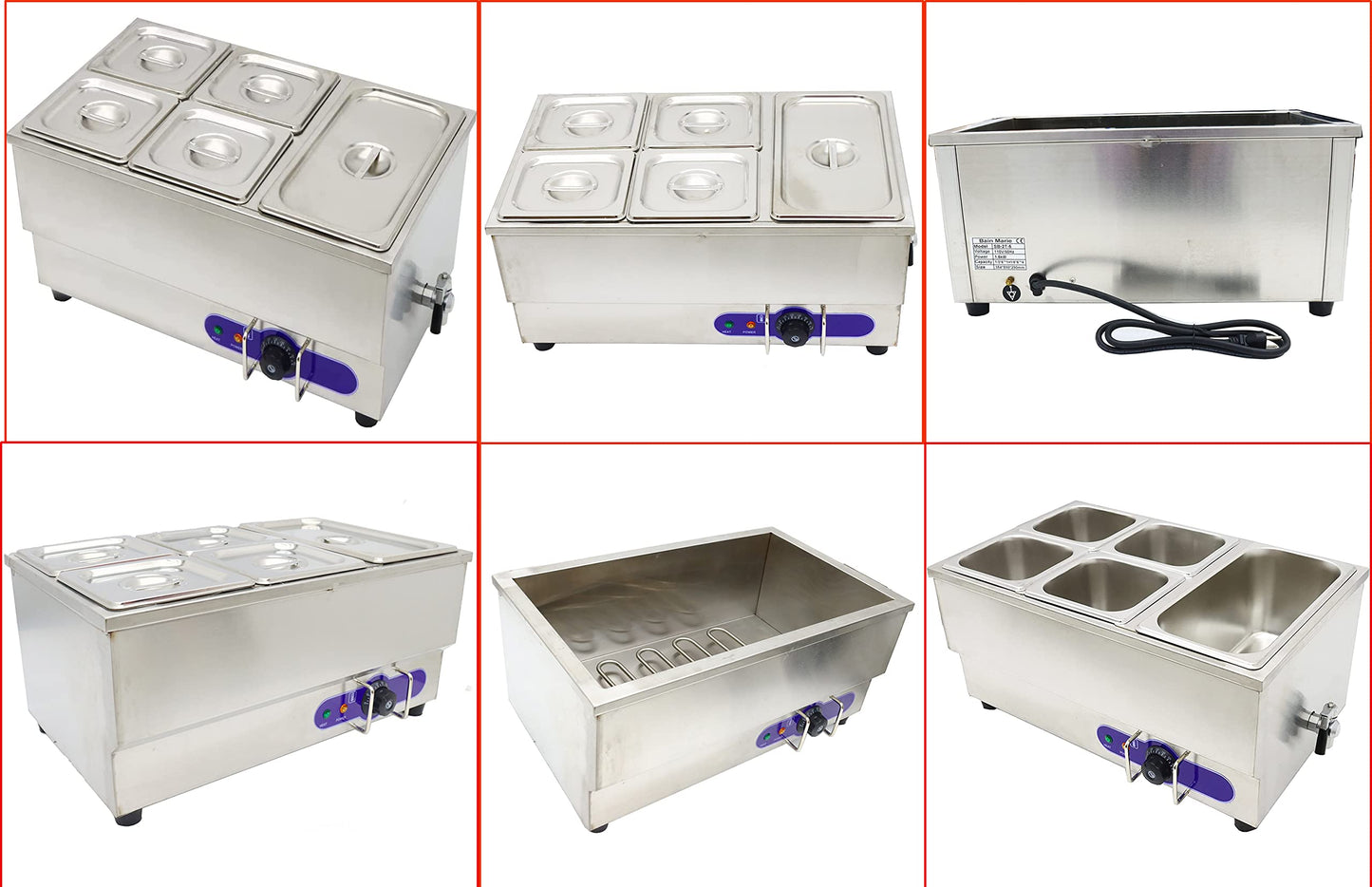 INTSUPERMAI 5 Pots Electric Commercial Food Soup Warmer Canteen Buffet Steam Heater Stainless Steel 110V 1500W 1/6 GN x4+1/3GN x1 6 inch deep Adjustable Temp Restaurants, Catering and Parties