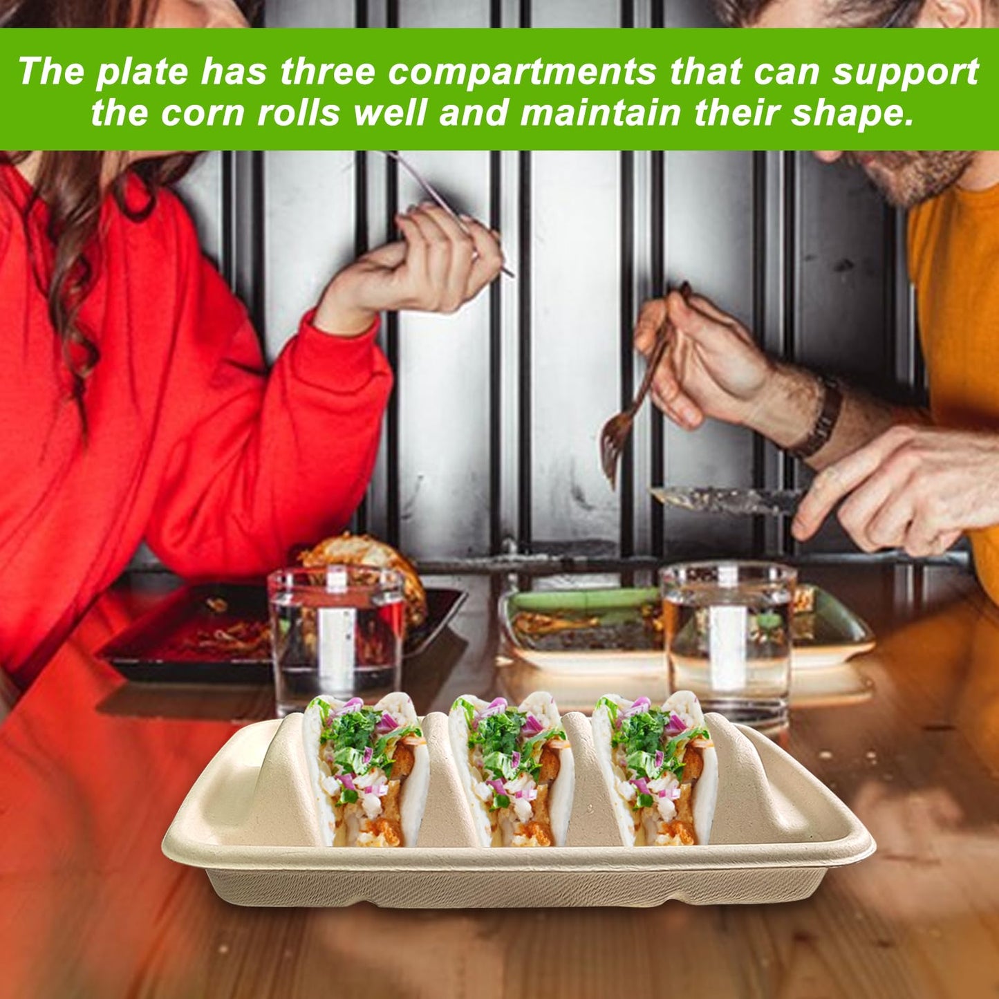 Sibosen 50PCS Disposable Taco Holder for Party，Disposable Taco Plates with 3 Dividers Disposable Taco Holders for Taco Tray Holder, Pulp Fiber Plates Disposable for Taco Tuesday Lazy Susan Taco Bar