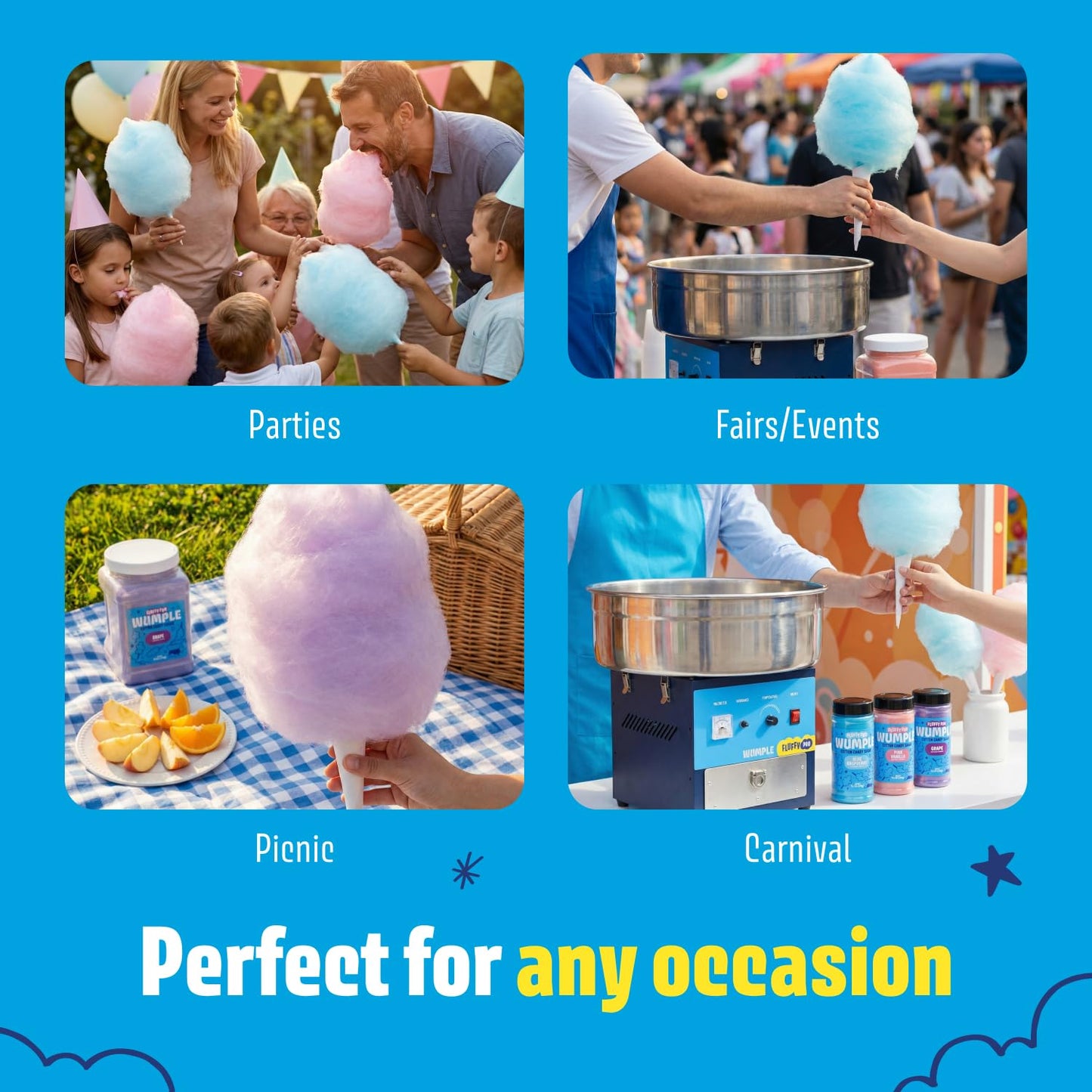 Wumple Professional Cotton Candy Machine - Commercial Electric Maker with Drawer & Large Stainless Steel Bowl - Fast Heat-Up - Perfect for Parties & Business - Blue