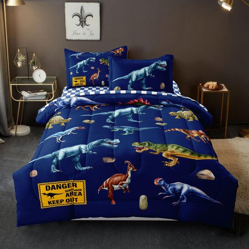 Leaflin Kid Twin Comforter Set - 5 Piece Dinosaur Bedding Set for Boys/Girls - Super Soft Microfiber Bed in a Bag with Comforter, Sheets, Pillowcase, Blue