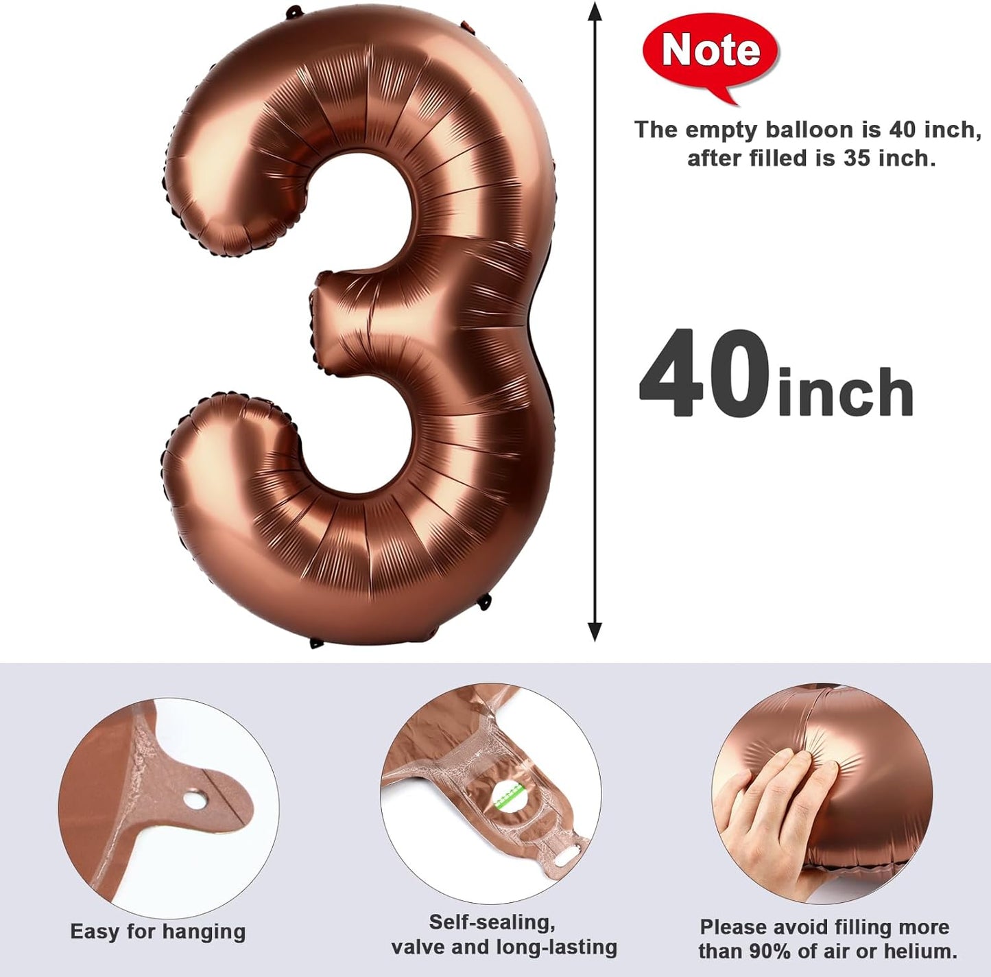Numbers Balloon - 40 Inch Large Coffee Brown Birthday Decoration for Three Year Old Party