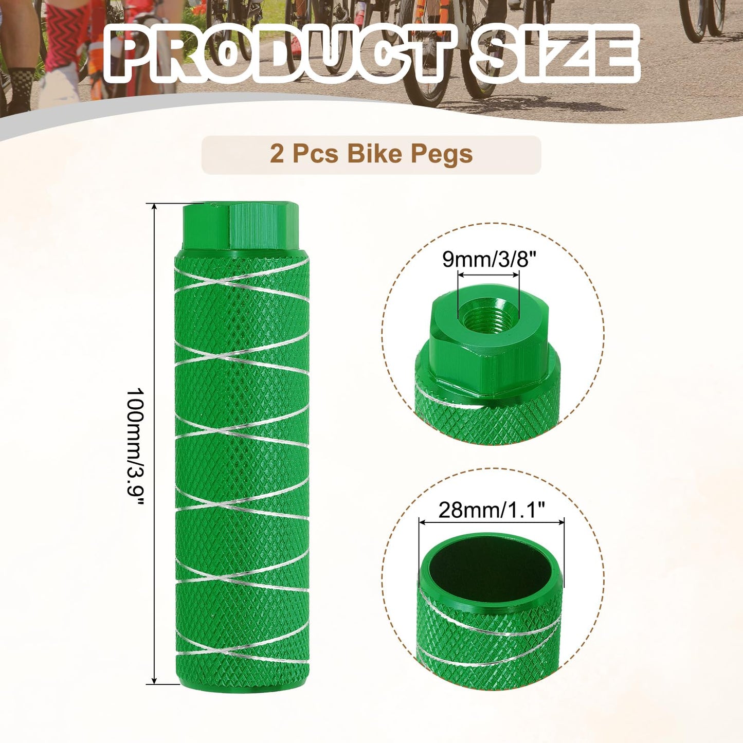 PATIKIL Bike Pegs Fit 3/8 Inch Axles, 2 Pack Aluminum Alloy Anti-Skid Lead Foot Small Bicycle Peg Back Seat Stands with Thin Line for BMX Mountain Dirt Bike Cycling Rear, Green