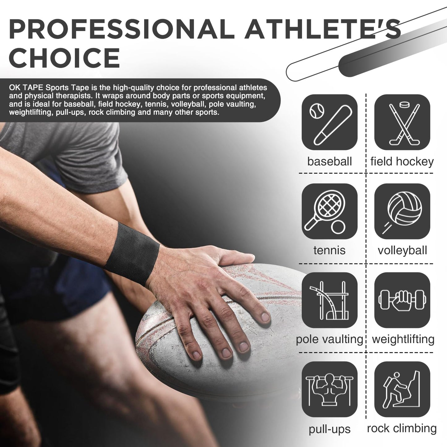 OK TAPE Athletic Sports Tape（4 Packs) Black- 32.8ft Per Roll Athletic Tape for Injuries,Strong Stick No Residue Athlete & Sport Trainers First Aid Injury Wrap, Hockey Stick