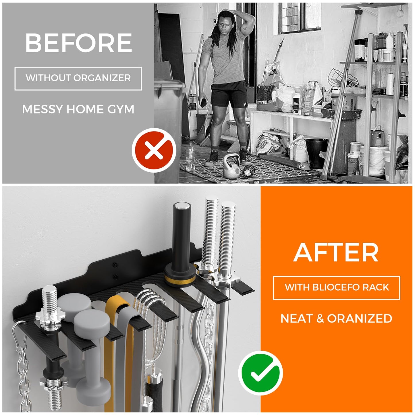 JNIHEEP Gym Home Storage Rack,Home Gym Accessories Hanger with 8 Hooks,Multi-Purpose Heavy Duty Rack for Resistance Bands Jump Ropes Lifting Belt Fitness Bands Barbells(Carabiners Included)