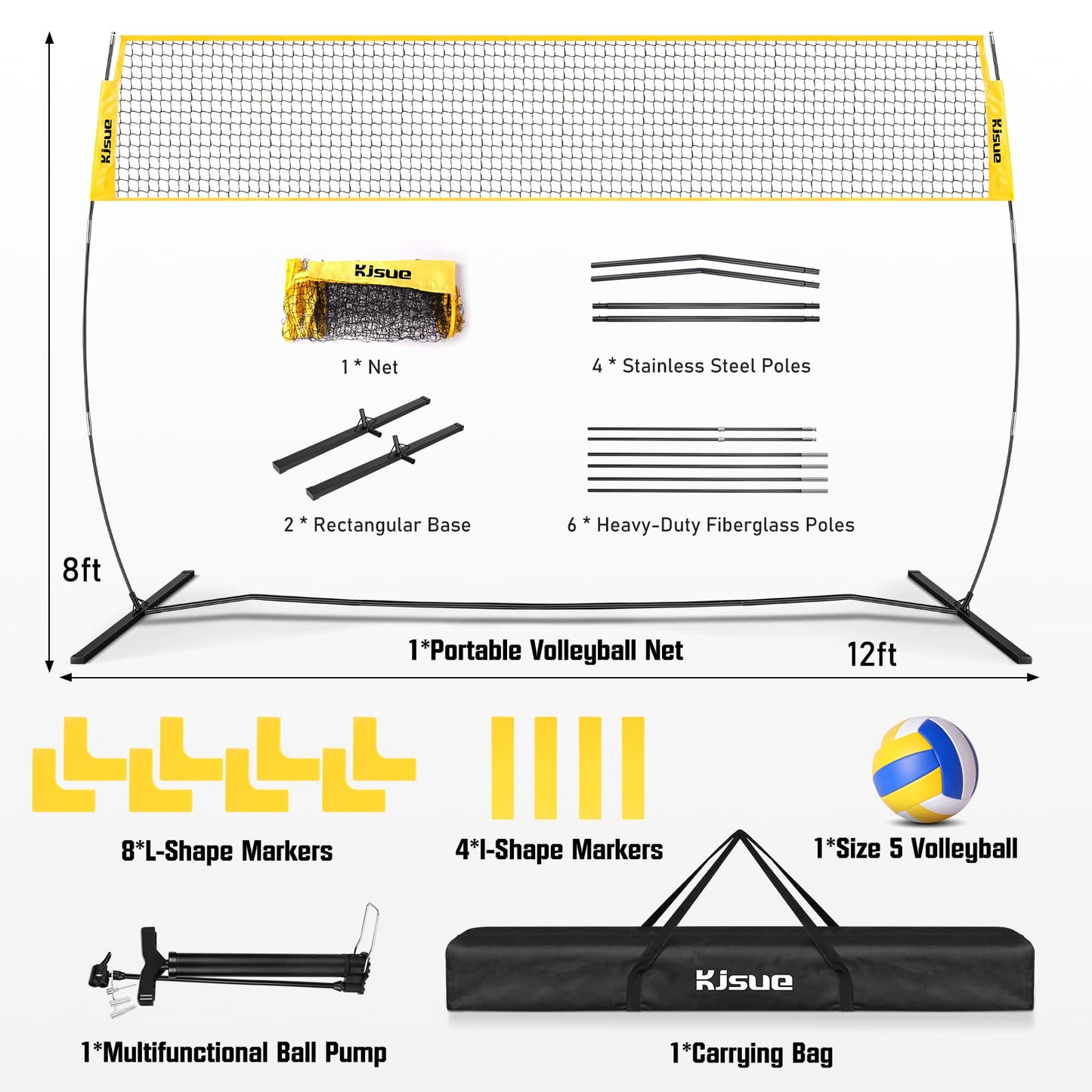 Freestanding Volleyball Net Set for Backyard - 12FT Portable Outdoor Volleyball Net Training Equipment with Soft Volleyball, Pump, Boundary Mark and Carry Bag for Park, Beach Games, Volleyball Sports