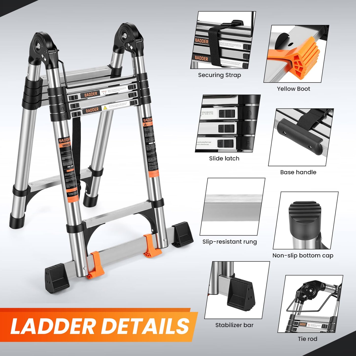 Telescoping Ladder 12.5 FT A Frame, Extension Multi-Purpose with Balance Bar Heavy Duty 330 lbs Max Capacity for Home and Outdoor Work, Silver