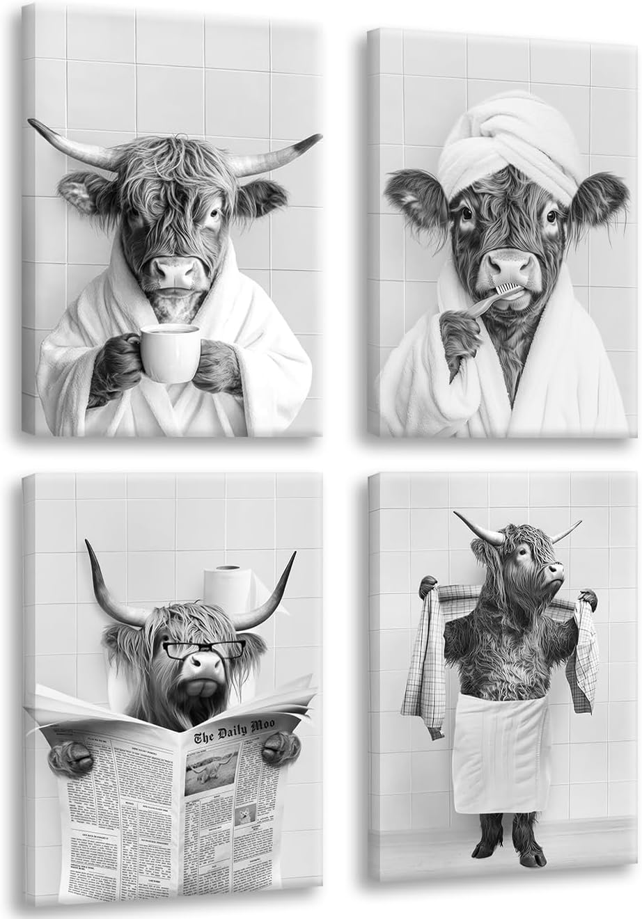 Skiennix Funny Highland Cow Bathroom Wall Art - Rustic Farmhouse Prints Set of 4 | Black & White Decor