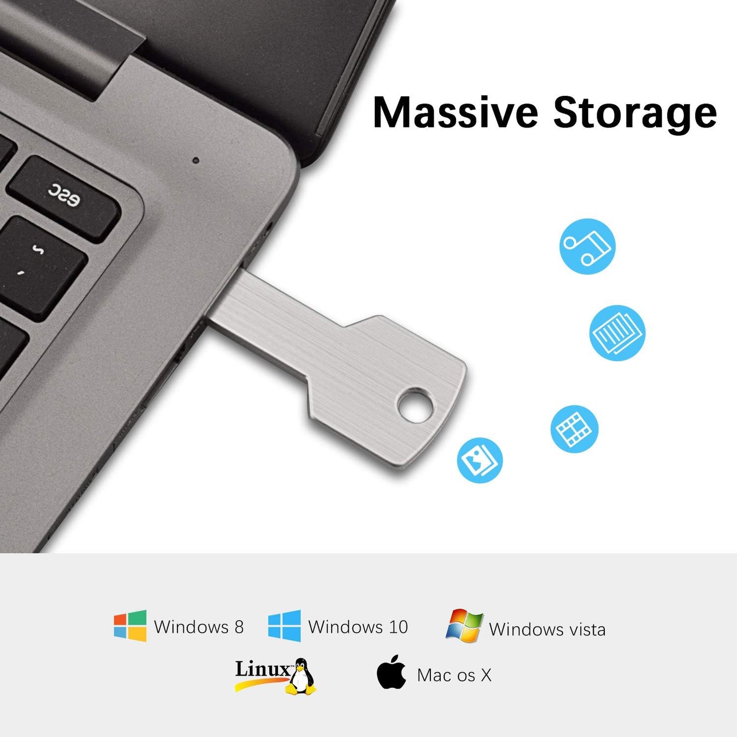 K&ZZ 64G USB2.0 64GB Key Shape USB Flash Drive, Metal Thumb Drive Flash Disk Memory USB Stick Expansion Disk, Silver