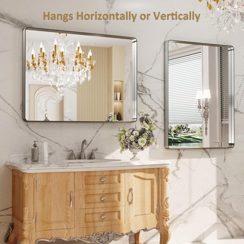 LOAAO Brushed Nickel Bathroom Mirror - 40x30 Inch Rounded Rectangle Design | Anti-Rust & Shatter-Proof