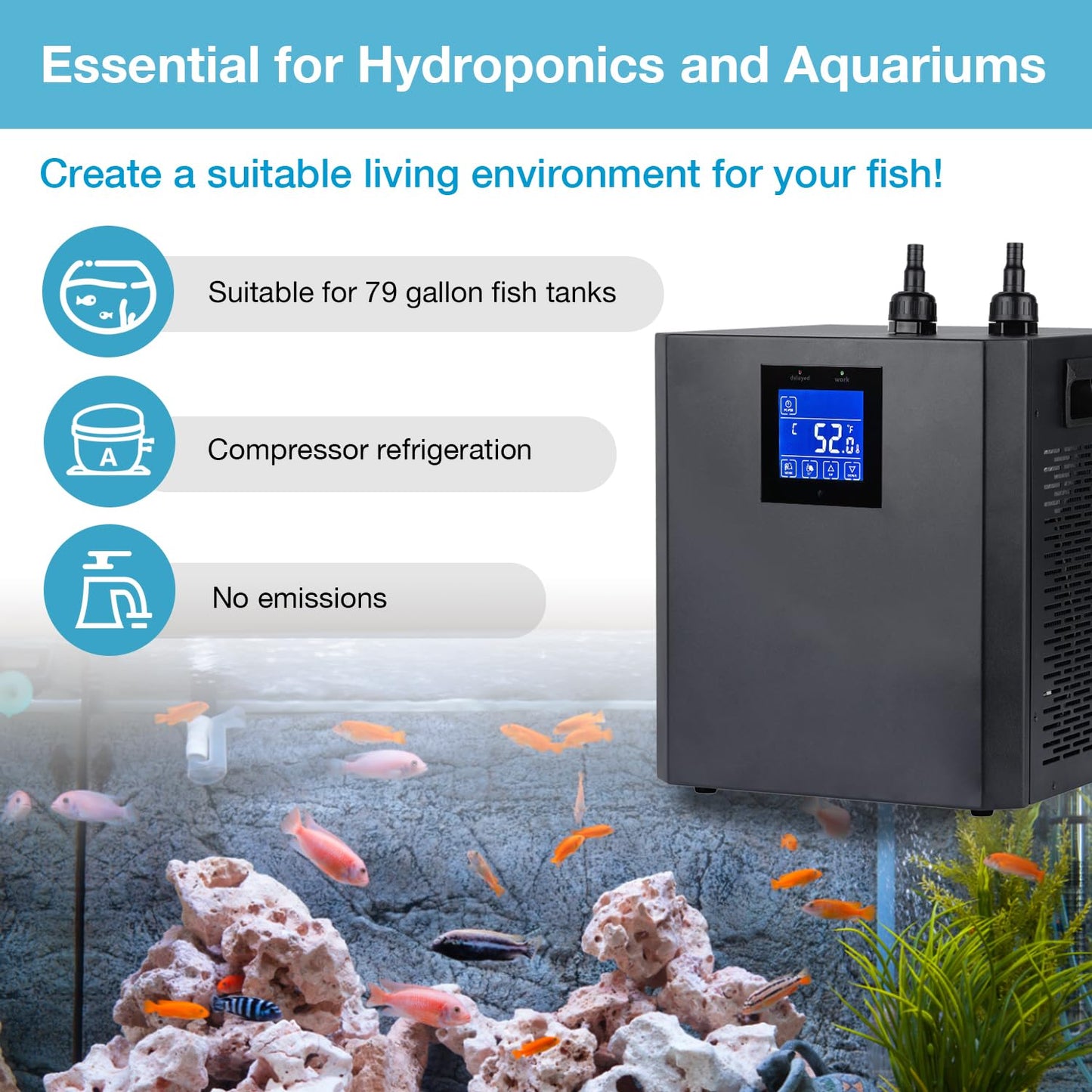 Ezcasch Aquarium Chiller, 79gal 1/3 HP Water Chiller for Cold Plunge, Hydroponic Cooler Fish Tank Cooling System for Axolotl Coral Reef Shrimp with Water Pump and Pipe for Home Use (79gal/300L, 1/3HP)