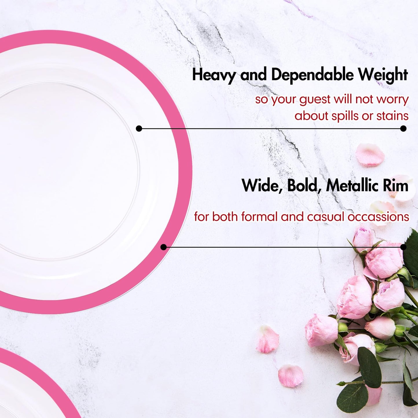 Wesiti 100 Pcs Clear Plastic Plates Disposable Dinnerware Set Includes 50 Dinner Plates 10.25 '', 50 Dessert Plates 7.5 '', Cake Salad Dessert Plates for Wedding Birthday Holiday Parties(Pink Rim)