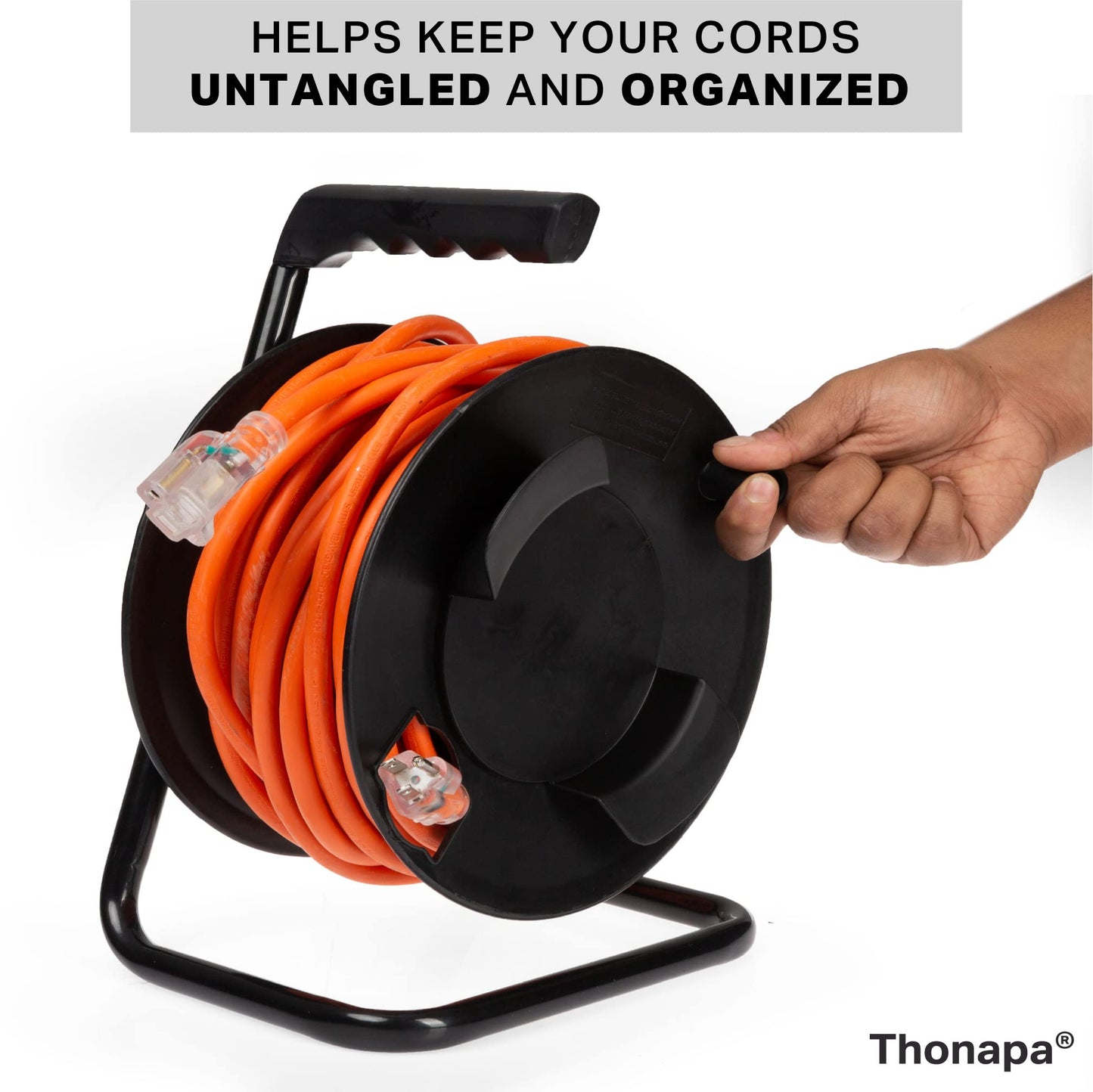 Thonapa Extension Cord Storage Reel, Black - Portable Cable Reel with Metal Stand, Holds Up to 100 Ft of Electrical Cord, Hose, Rope