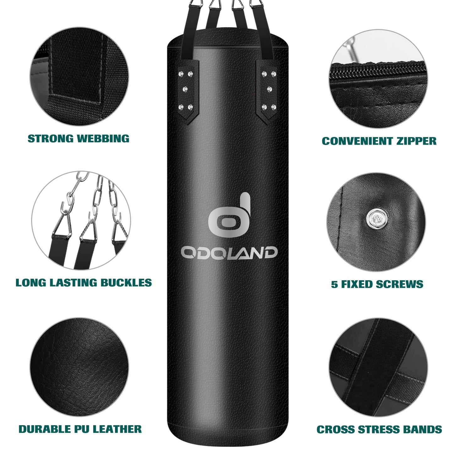 Odoland Punching Bag Set for Adults, 4FT PU Heavy Boxing Bag with 12OZ Boxing Gloves, Hand Wraps, Hanging Chains for MMA Karate Kickboxing Martial Art Home Gym Trainging - Unfilled