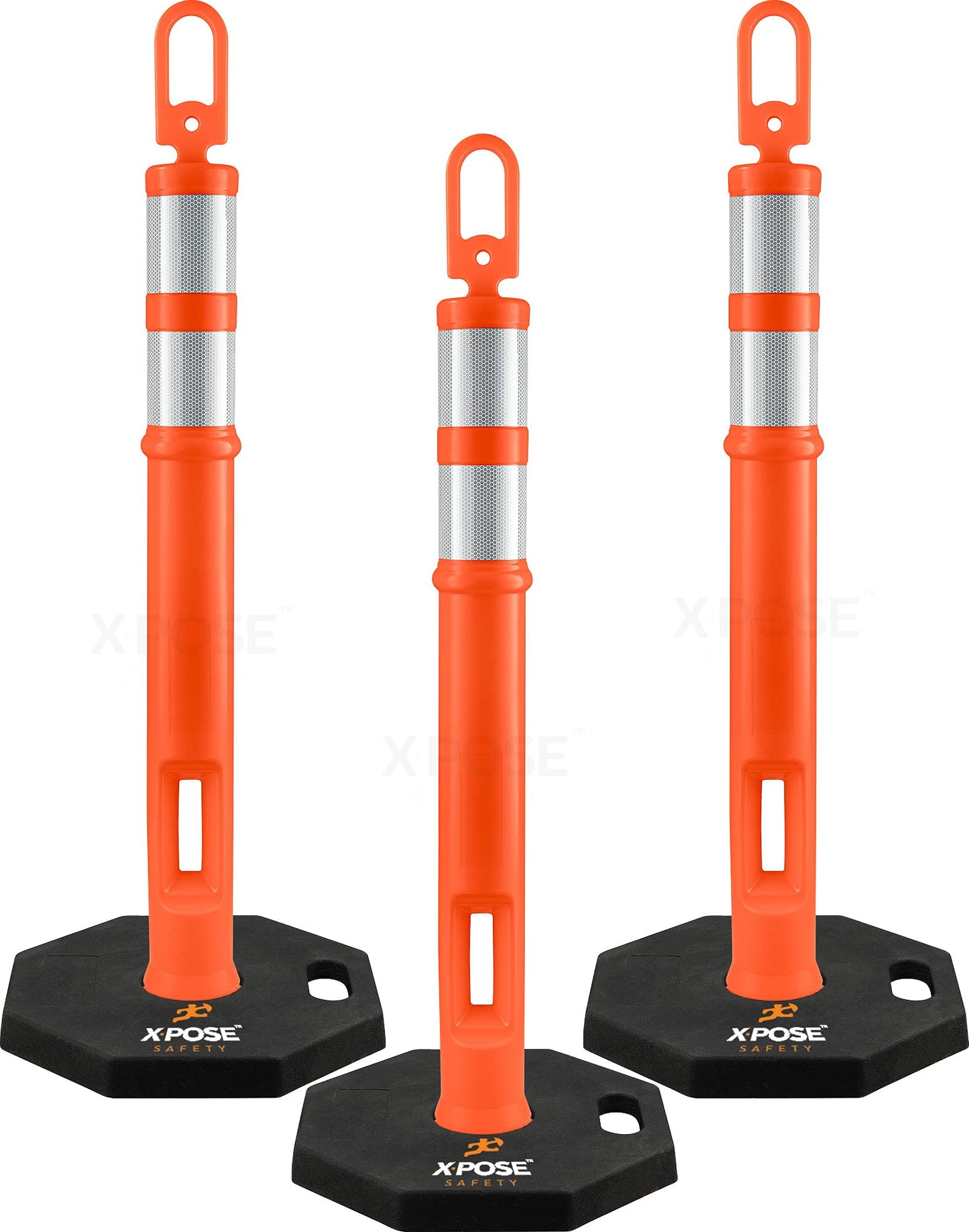 Xpose Safety 45" Orange Delineator Posts with Base, 3-Pack – Ring Top, 10" Reflective Band, 13 lb Rubber Base – Traffic, Parking, Construction, Events