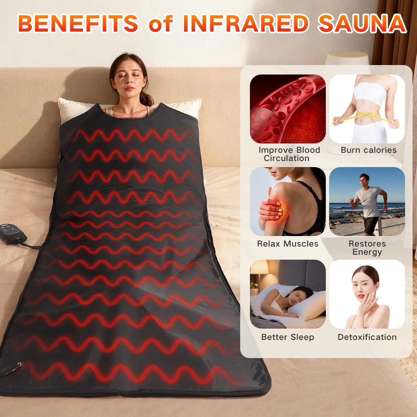 RRGFB Infrared Sauna Blanket for Home, Low EMF Carbon Crystal Heating, Portable Dry Sauna Bag for Relaxation, Detoxification, 5.9ft×2.6ft, Sleeveless-Black