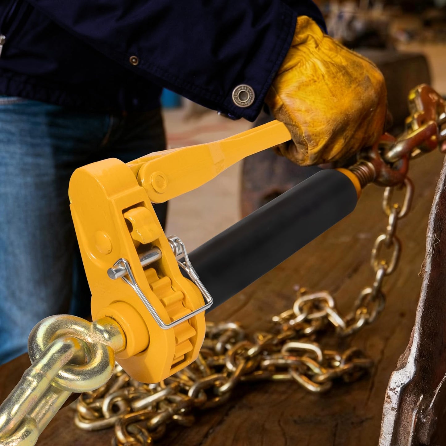 AYMMIC 3/8"-1/2" Heavy Duty Folding Handle Load Binder, Ratchet Chain Binder with Grab Hooks G70-T80, 12,000 lbs WLL Tie Down Hauling Chain Binders for Flatbed Truck Trailer, 2 Pack