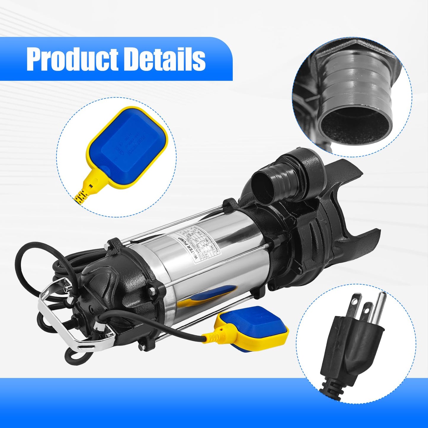 115V 1 HP 50PN2.75S 8PN Submersible Pump with Auto Float Switch 8-PN 6600GPH 110GPM Dewatering Sewage Sump Pump Stainless Steel w/ 2" 1.5" 1" Discharges 50PNA2.75S