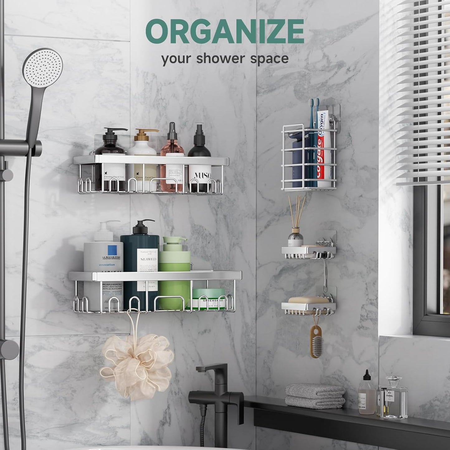 Veken Shower Caddy - Heavy-Duty Wall Mounted Organizer with Soap Dish & Toothbrush Holder | 5-Pack, Silver