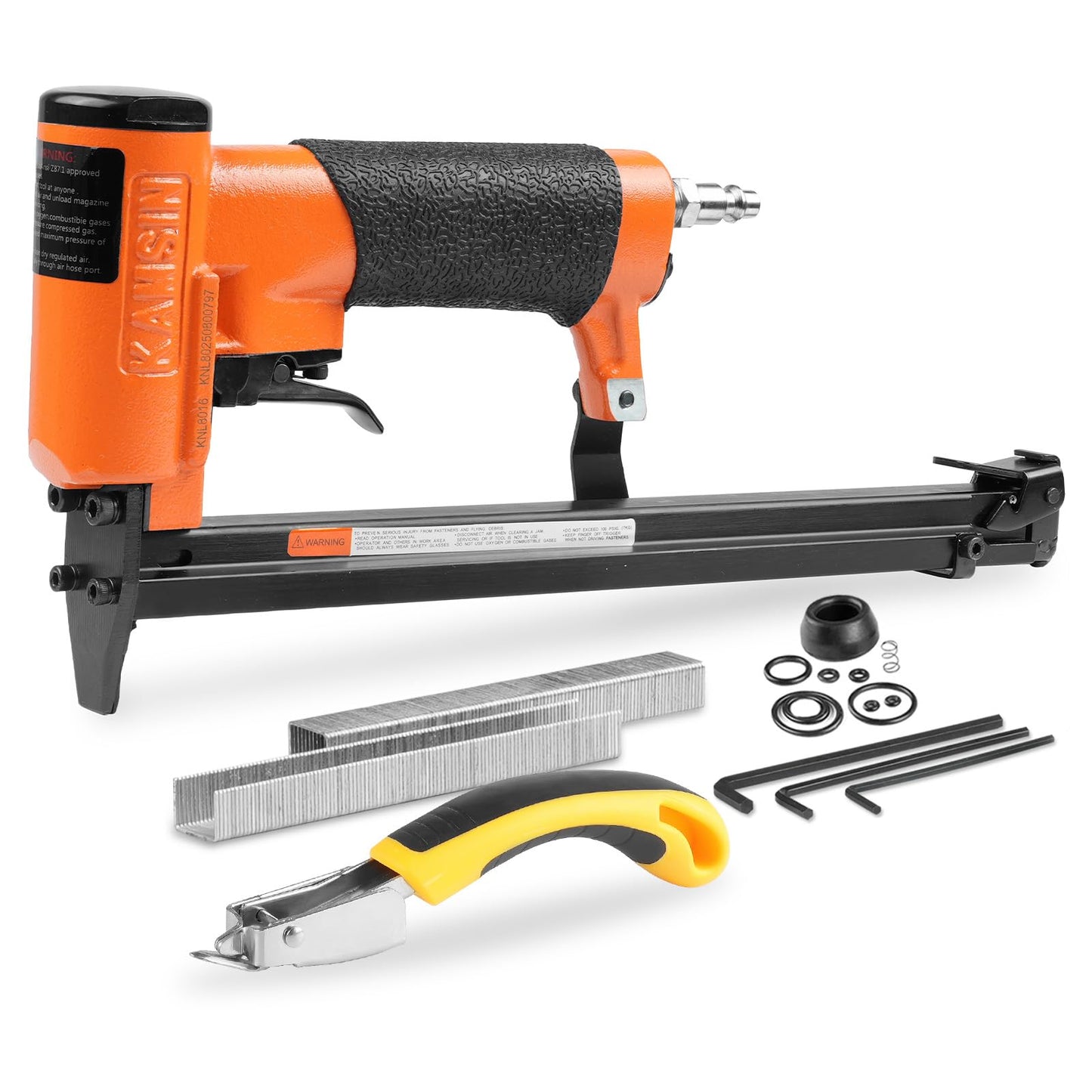 KAMSIN KNL8016 21 Gauge Pneumatic Upholstery Stapler with Extended Long Magazine, 1/2-Inch Crown Staples, 1/4-Inch to 5/8 -Inch(6-16mm) Leg Length, Air Power Fine Wire Stapler for Furniture, Cabinets