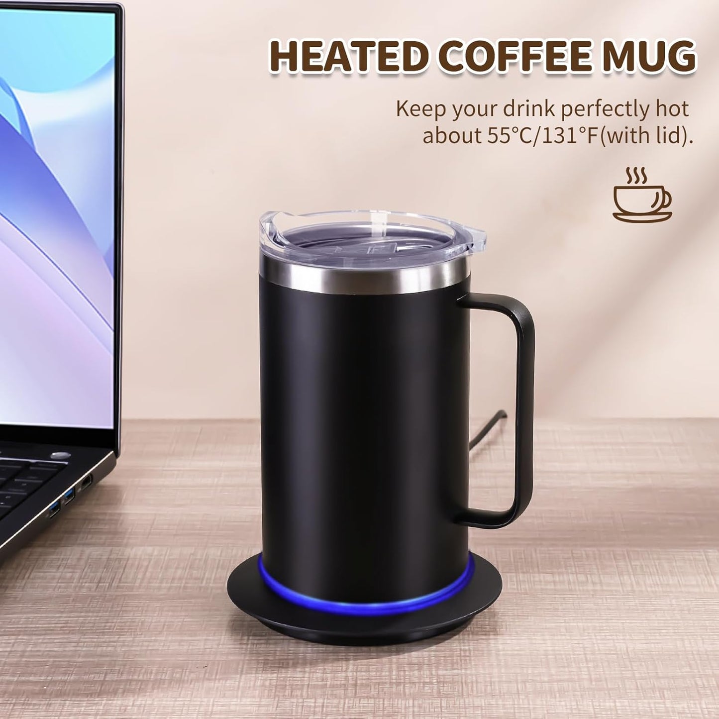 YIMUBREEZ 10Hrs Set (17oz-Black) Smart Temperature Control Coffee Mug for Desk,Heated Cup with Auto Shut Off, USB