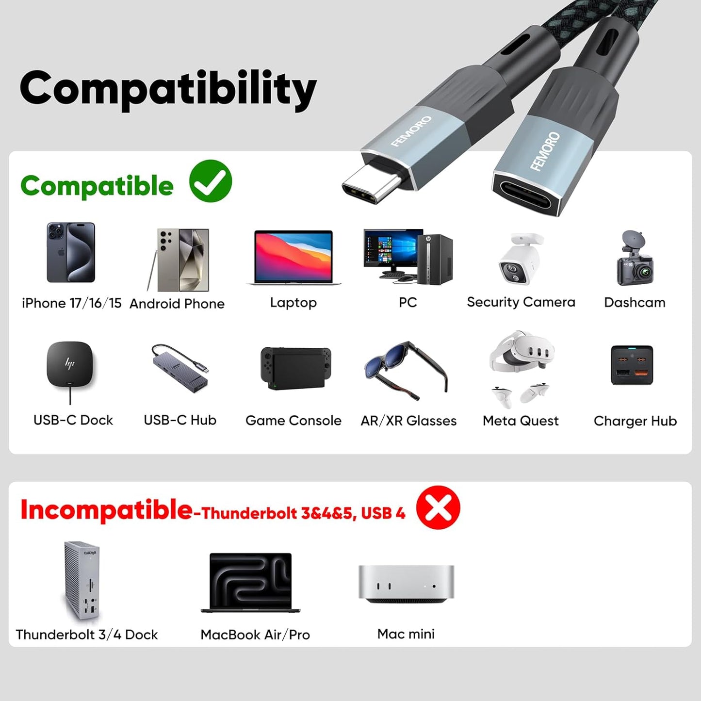10Ft 10Gbps Transfer/100W Charging/4K@60Hz 3.2 USB C Extension Cable Long, Data USBC Male to USB-C Female Cable