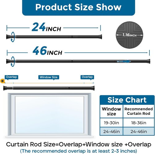 AIZESI Tension Rod - Adjustable Spring Curtain Rod 24 to 46 Inch | No Drilling, Black Finish for Windows & Doorways