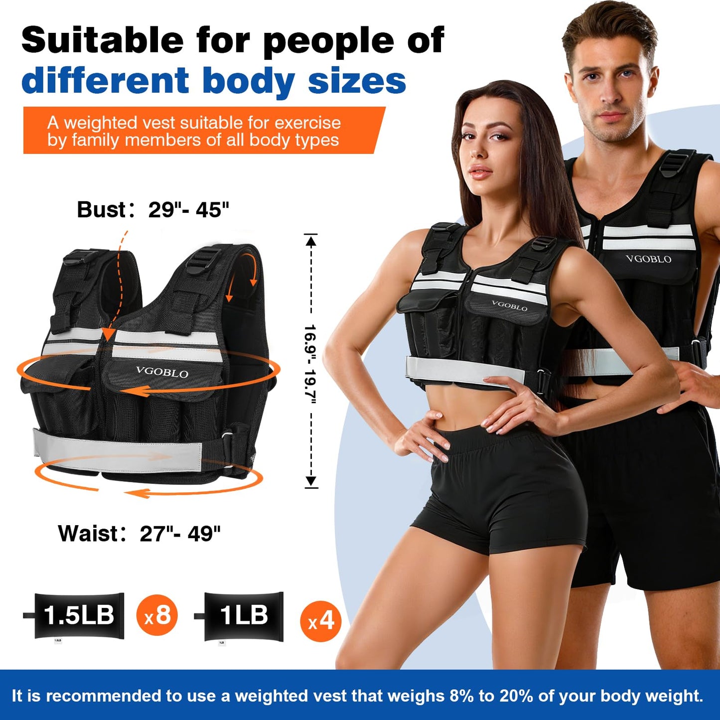 VGOBLO Adjustable Weighted Vest for Women Men, 2-18 lbs Strength Training Weight Vest with adjustable weights 12 Sandbags, Zipper Womens Weighted Vest Washable with Reflective for Walking Running Gym