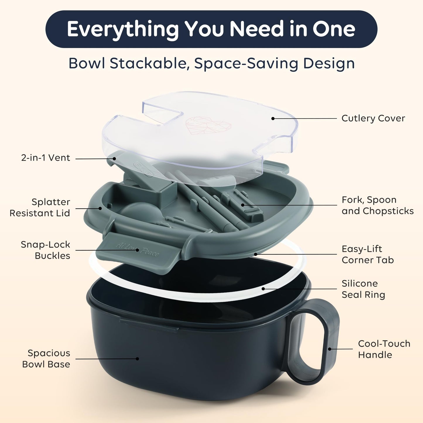 AI LOVE PEACE Microwavable Ramen Bowl Cooker with Lid - Leakproof Noodle Container with Built-In Utensils, BPA-Free, Dishwasher & Freezer Safe [Navy]