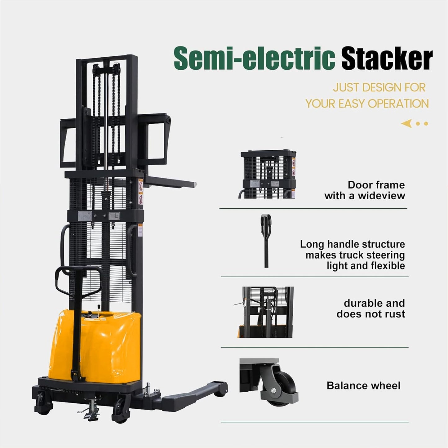 Tory Carrier Semi-Electric Stacker, 3300lbs Load Capacity, 118" Max. Lifting Height Pallet Lift Forklift with Straddle Legs and Forks Material Lifter Adaptable for Most Pallets