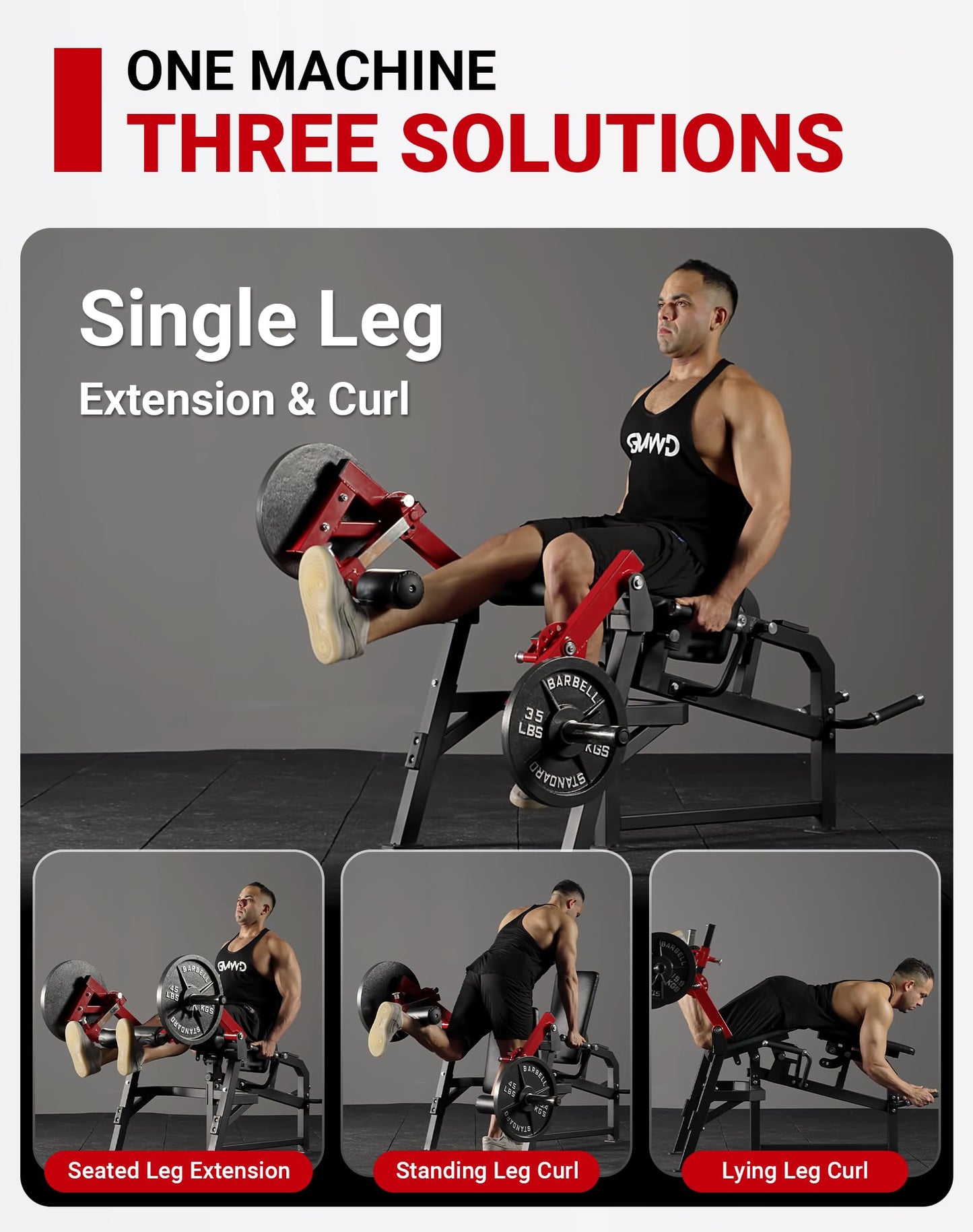 GMWD Leg Extension and Curl Machine, Single Leg Extension, Lying Leg Curl, Standing Leg Curl, Adjustable Leg Exercise Bench with Plate Loaded, Leg Machine Home Gym, Red