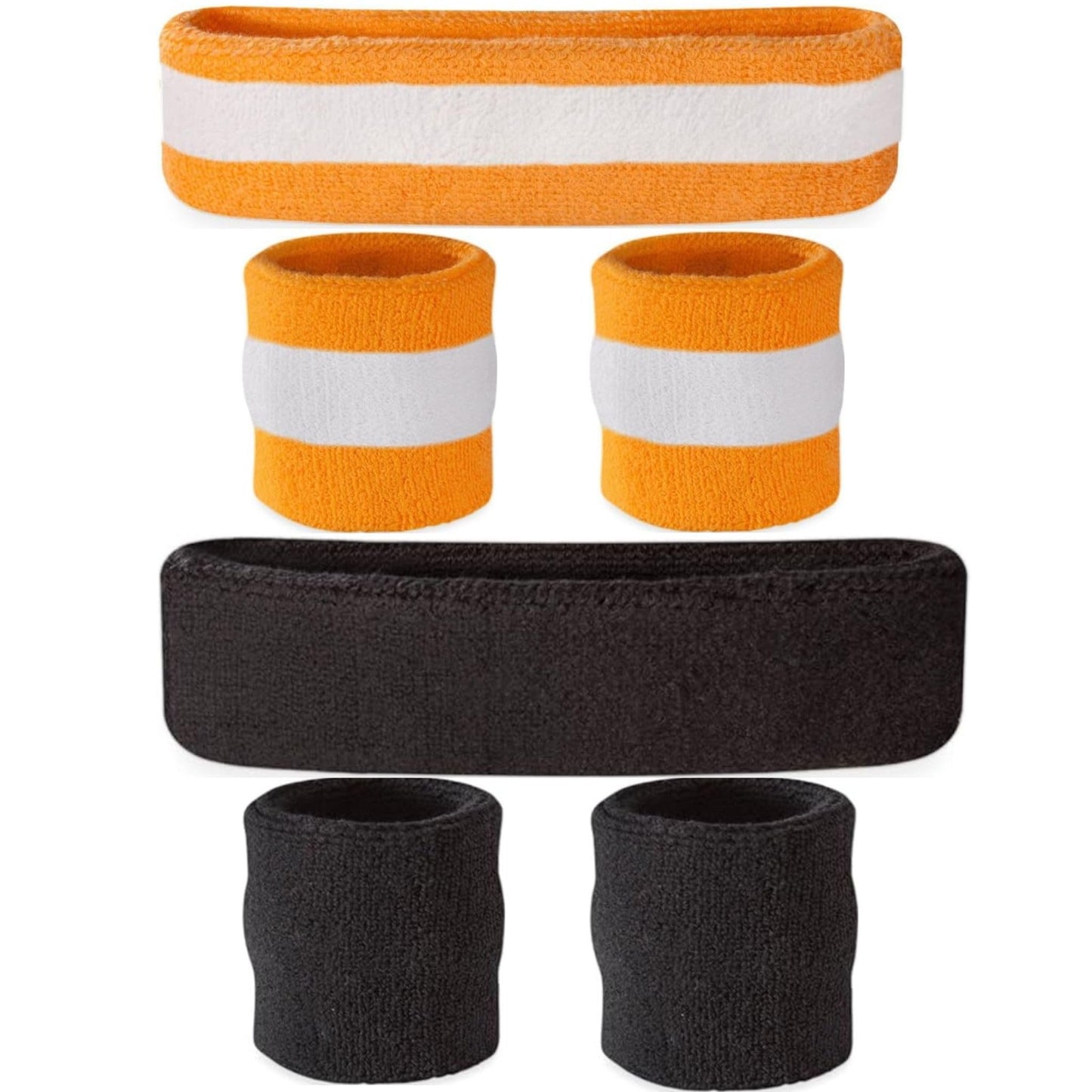 Suddora Moisture Wicking Striped Orange and Black Sweatband Sets (4 Wristbands and 2 Headbands) Breathable Athletic Sweat Bands for Sports, Football, Tennis, Yoga, Gym, Costumes & Cosplay,