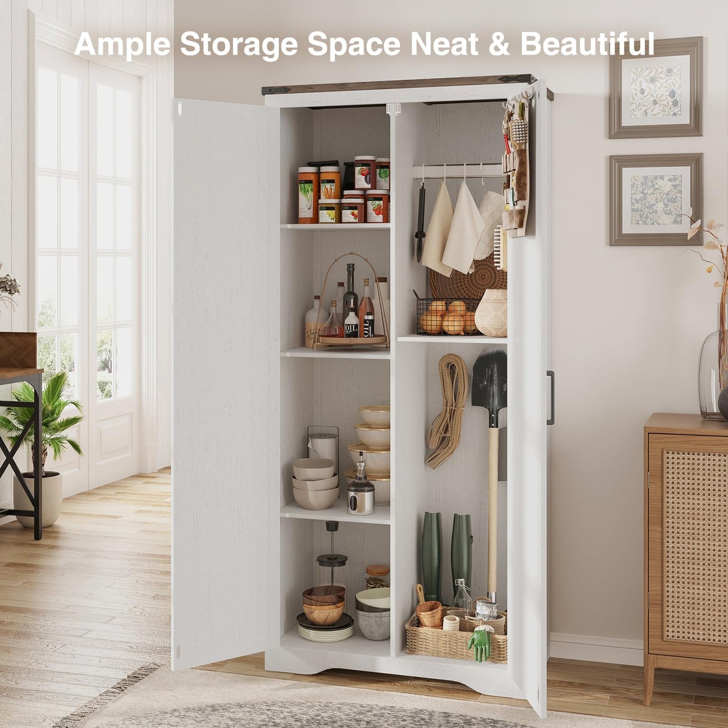 Befrases Farmhouse Storage Cabinet with Adjustable Shelves, Large Pantry Organize with 2 Barn Doors, Freestanding Cabinet for Kitchen, Garage, Basement, Living, Utility Room, Off-White