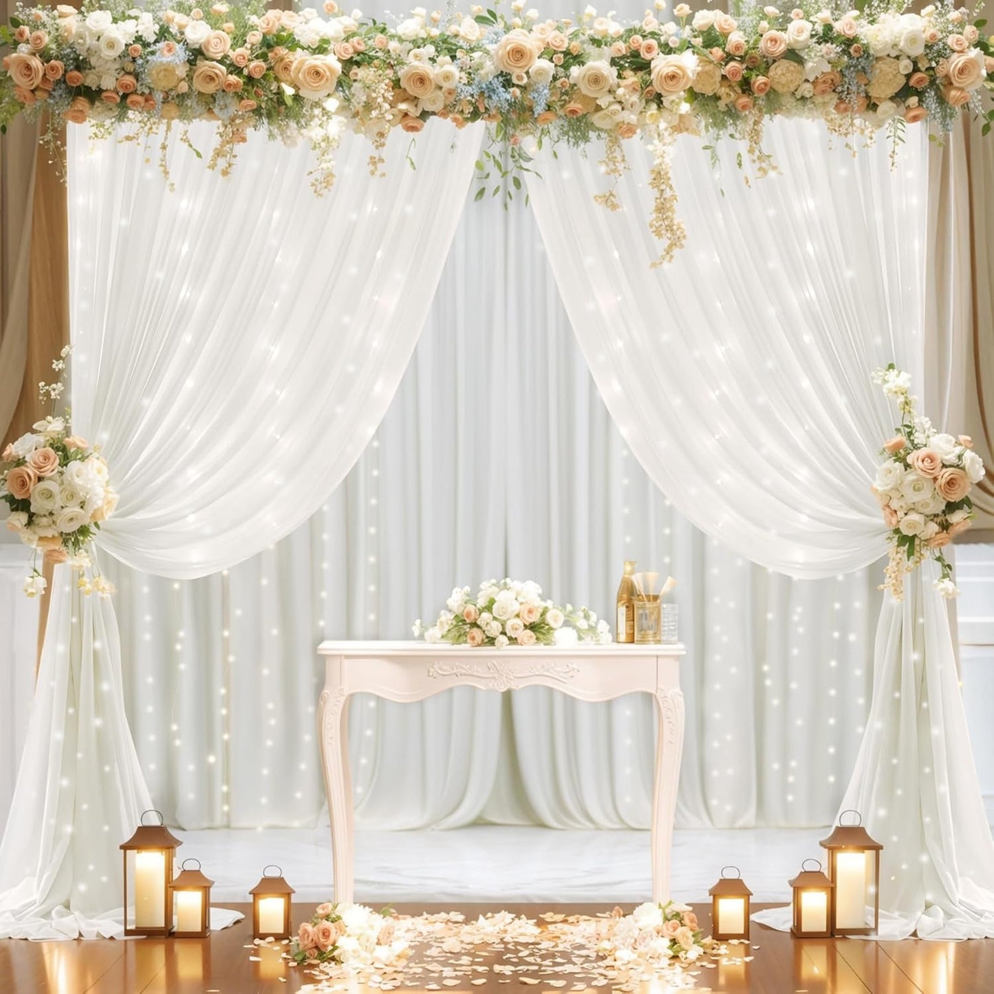Shillance 10x10ft Cream White Chiffon Backdrop Curtain with Lights String for Wedding Sheer Tulle Curtain Photo