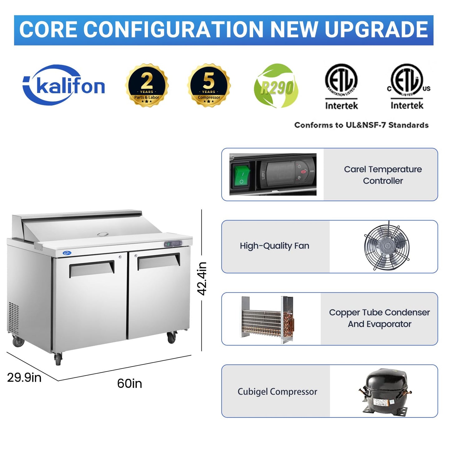 kalifon 60" W 2 Door Refrigerator Sandwich Salad Prep Table Commercial Stainless Steel Fan Cooling Refrigerator with Cutting Board, 2 Shelves & 16 Pans for Restaurant, Bar, Shop-16.4 Cu.ft
