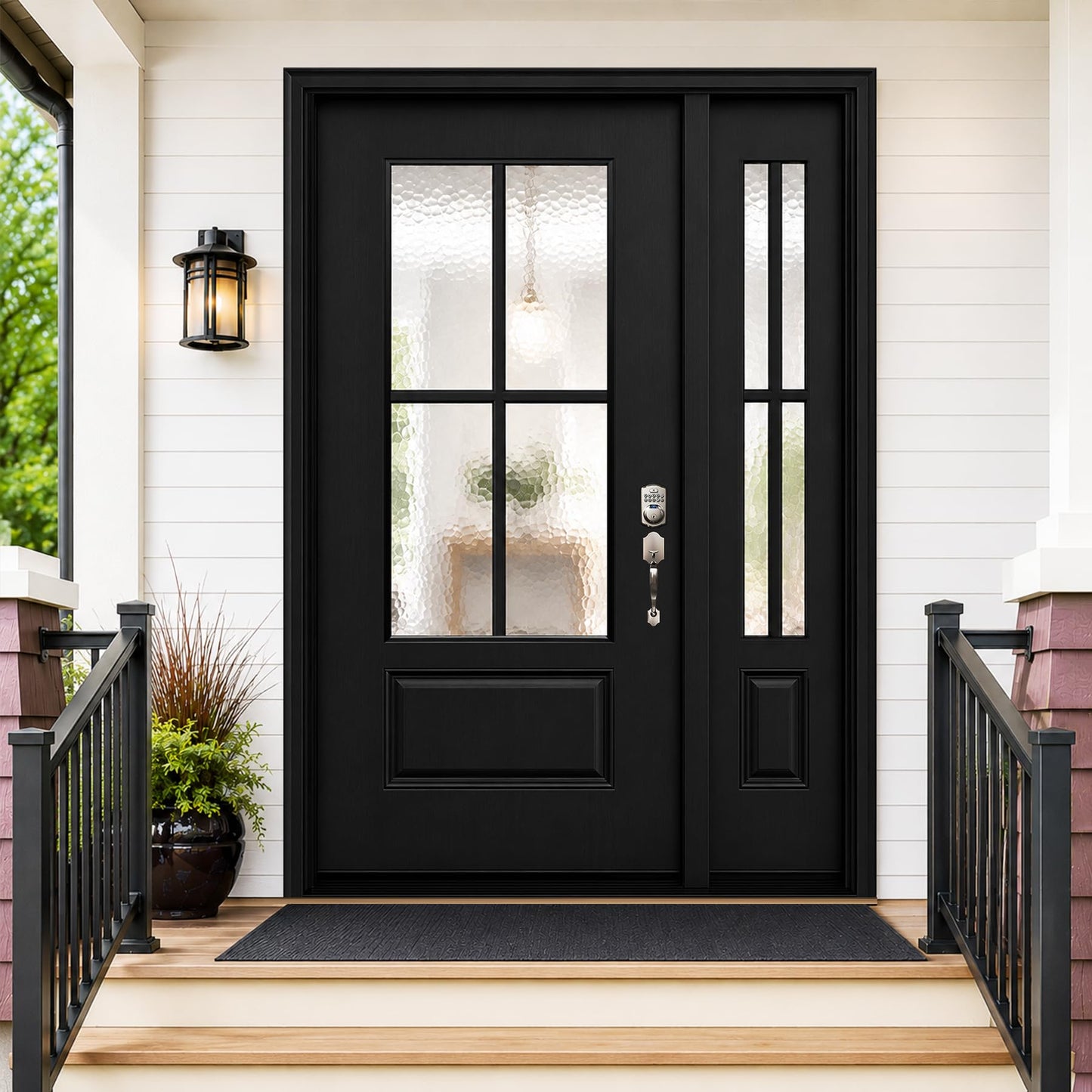 53x80in Fiberglass Front Door with 14in Sidelight, Black Exterior Entry Door for Home, Left-Hand Inswing, Textured Finished with Hammered Glass Knock-Down Door, Vinyl Frame and Brickmould Included