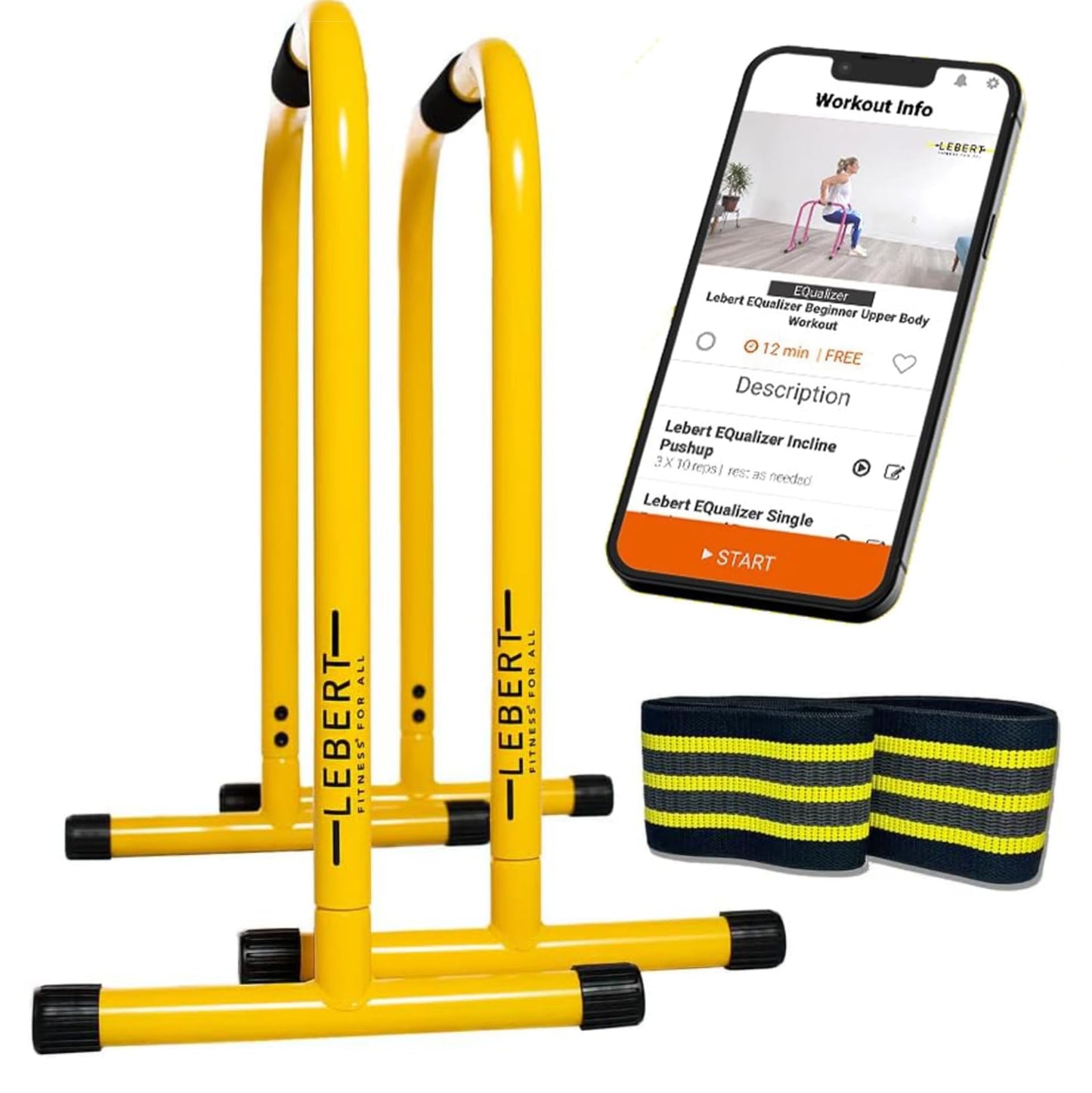 Lebert Fitness Dip Bar Stand - Original EQualizer Total Body Strengthener Pull Up Bar Home Gym Exercise Equipment Dipping Station - Hip Resistance Band, Workout Guide and Online Group - Yellow